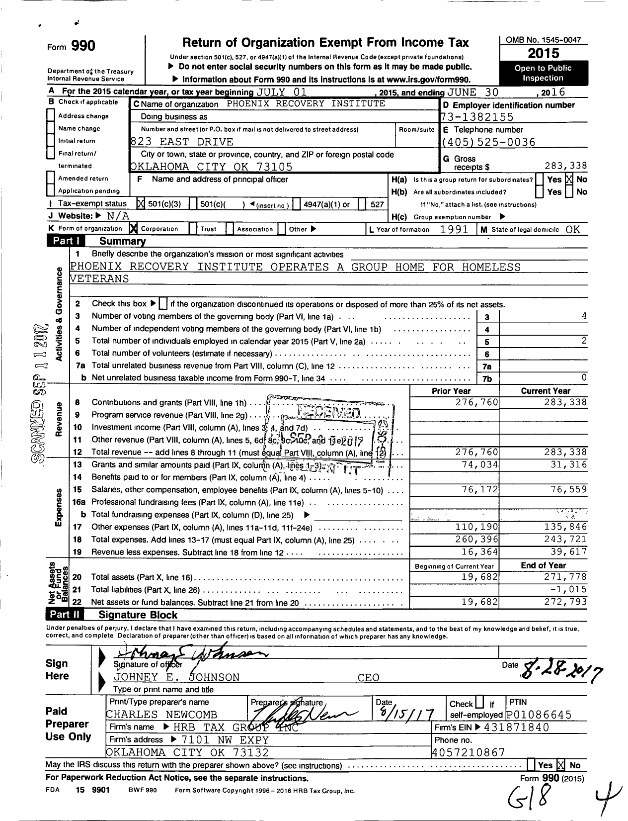 Image of first page of 2015 Form 990 for Phoenix Recovery Institute