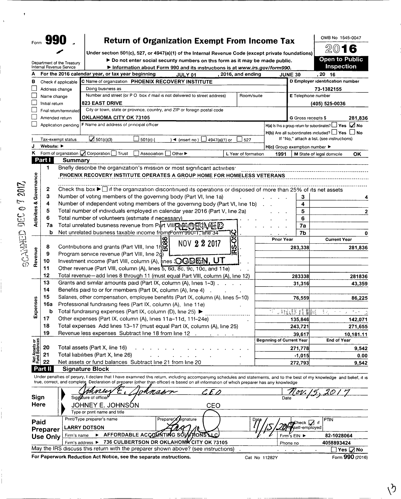 Image of first page of 2015 Form 990 for Phoenix Recovery Institute