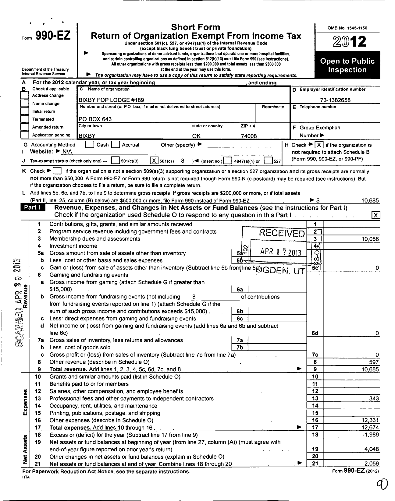 Image of first page of 2012 Form 990EO for Fraternal Order of Police - 189 Bixby Lodge