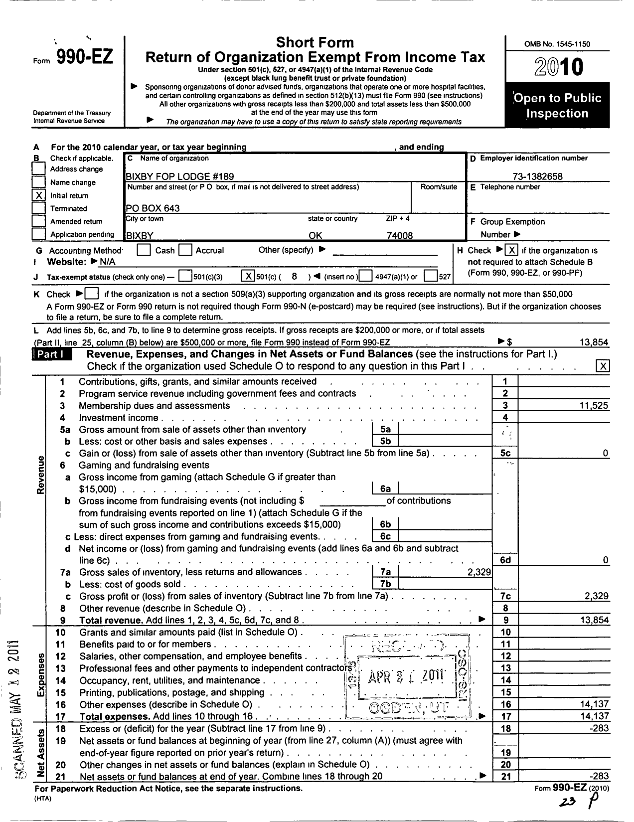 Image of first page of 2010 Form 990EO for Fraternal Order of Police - 189 Bixby Lodge