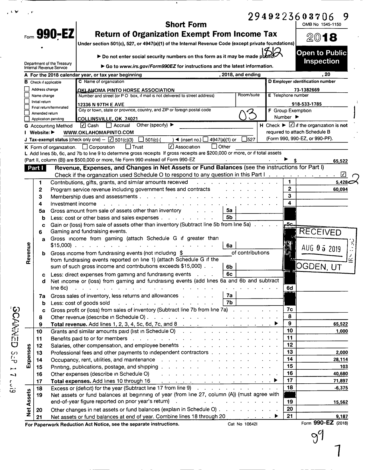 Image of first page of 2018 Form 990EZ for Oklahoma Pinto Horse Association