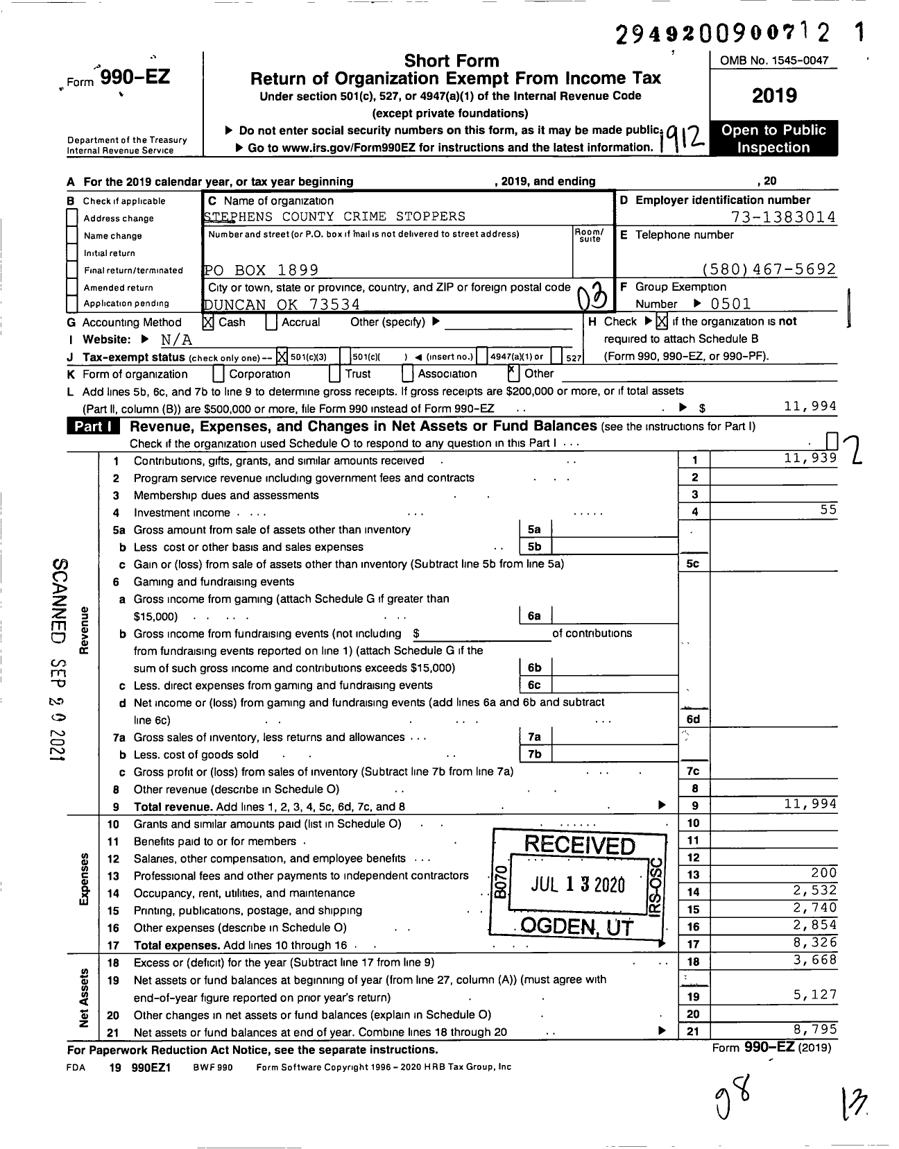 Image of first page of 2019 Form 990EZ for Stephens County Crime Stoppers