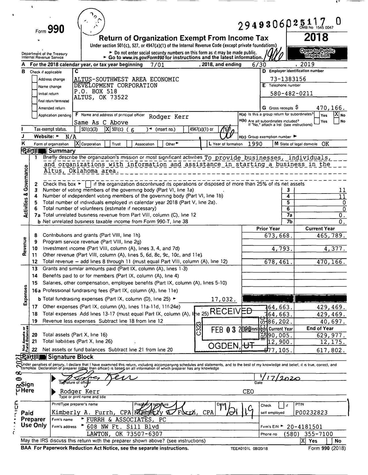 Image of first page of 2018 Form 990O for Altus-Southwest Area Economic Development Corporation