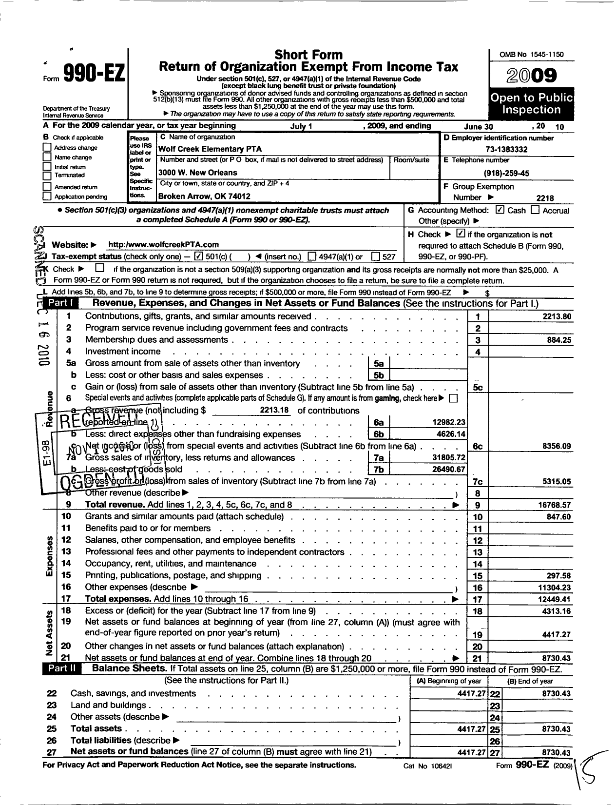 Image of first page of 2009 Form 990EO for Wolf Creek PTA