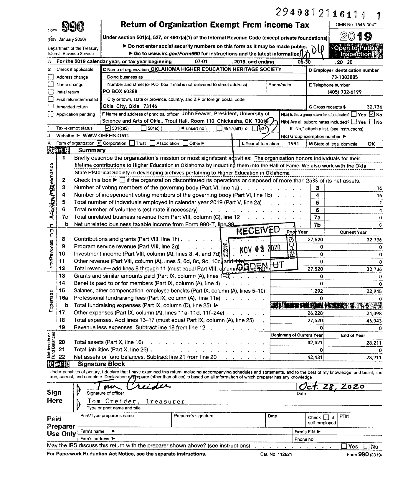 Image of first page of 2019 Form 990 for Oklahoma Higher Education Heritage Society