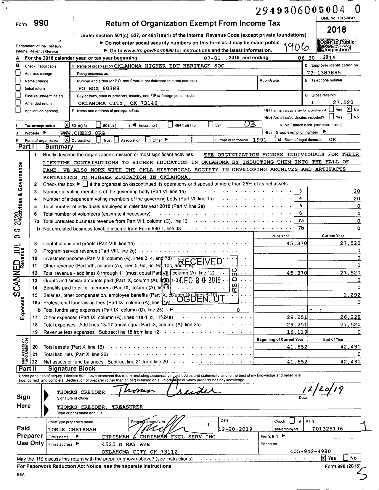 Image of first page of 2018 Form 990 for Oklahoma Higher Education Heritage Society