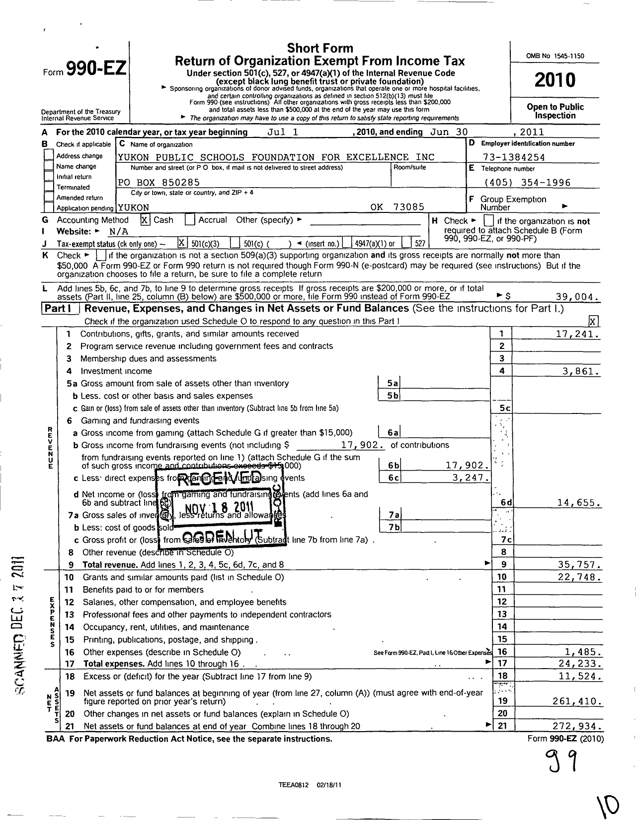 Image of first page of 2010 Form 990EZ for Yukon Public School Foundation for Excellence