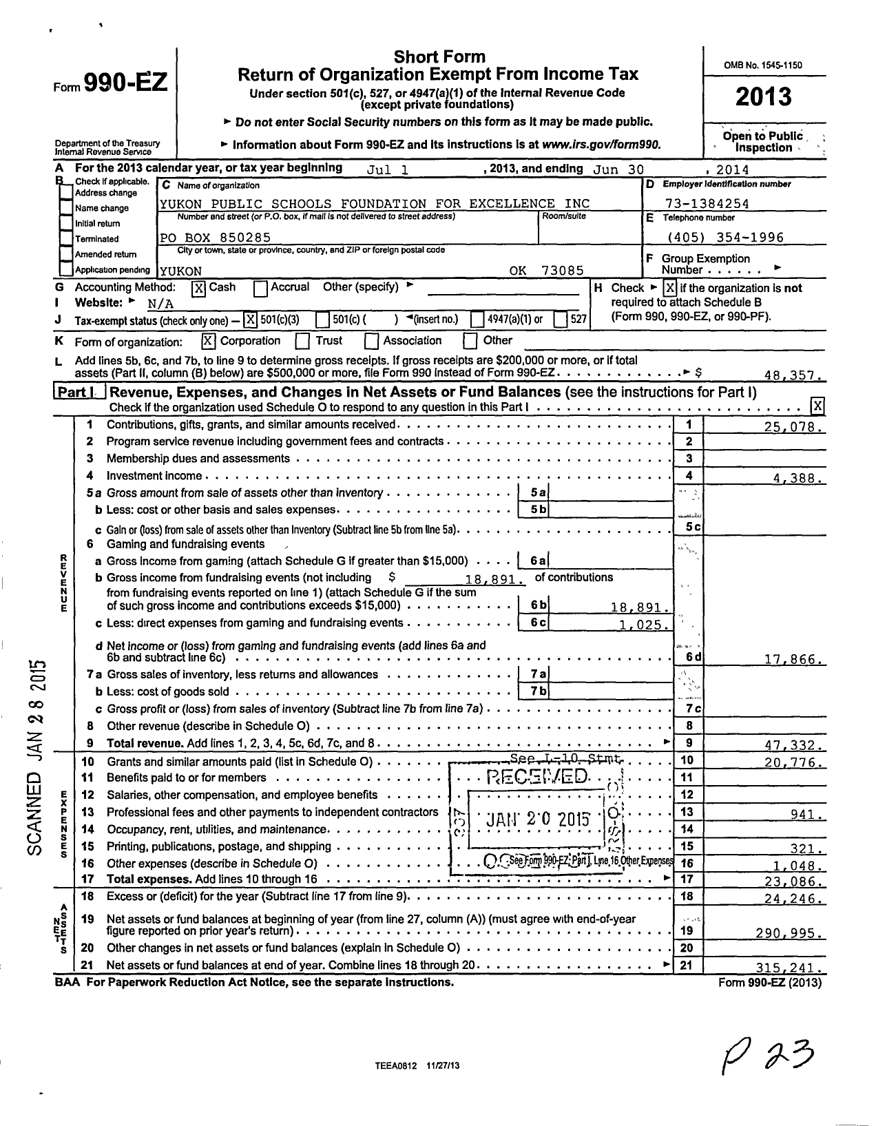 Image of first page of 2013 Form 990EZ for Yukon Public School Foundation for Excellence