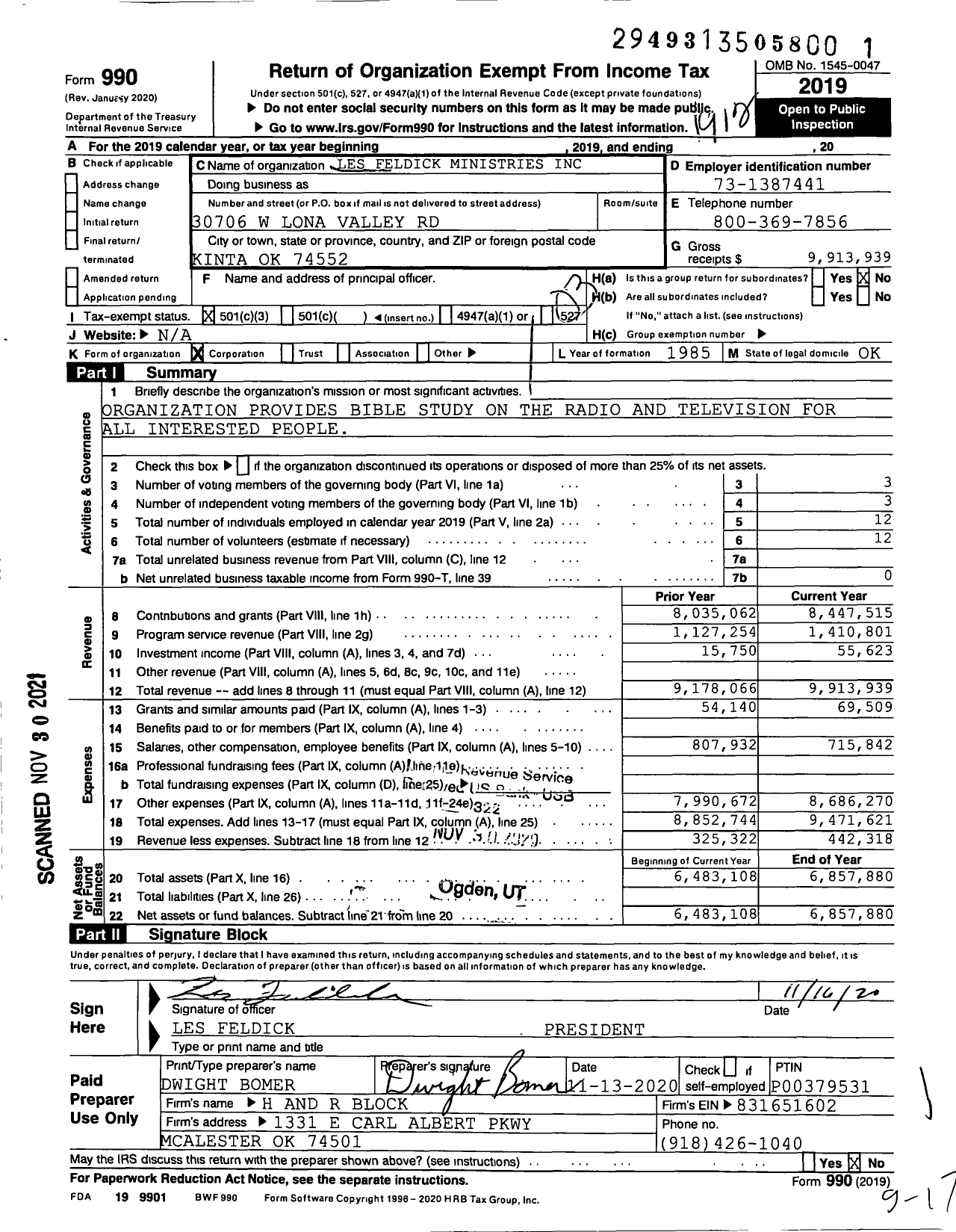 Image of first page of 2019 Form 990 for Les Feldick Ministries