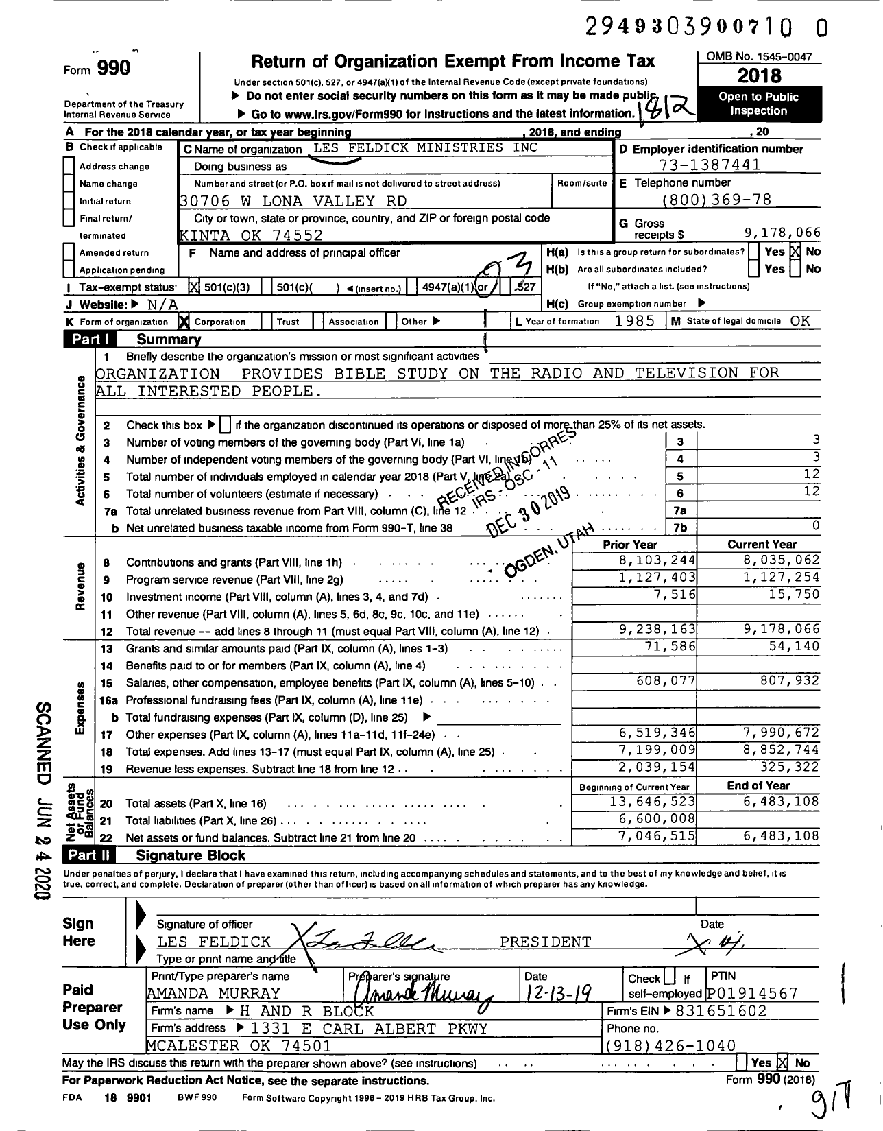 Image of first page of 2018 Form 990 for Les Feldick Ministries