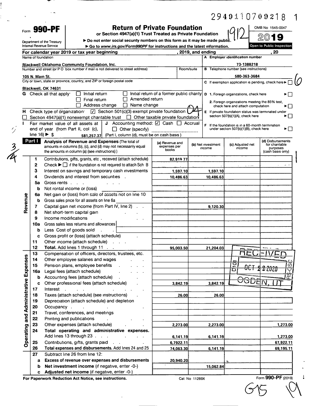 Image of first page of 2019 Form 990PF for Blackwell Oklahoma Community Foundation