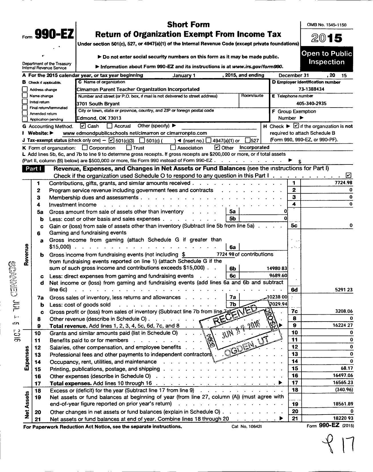 Image of first page of 2015 Form 990EZ for Cimarron Parent Teacher Organization Incorporated