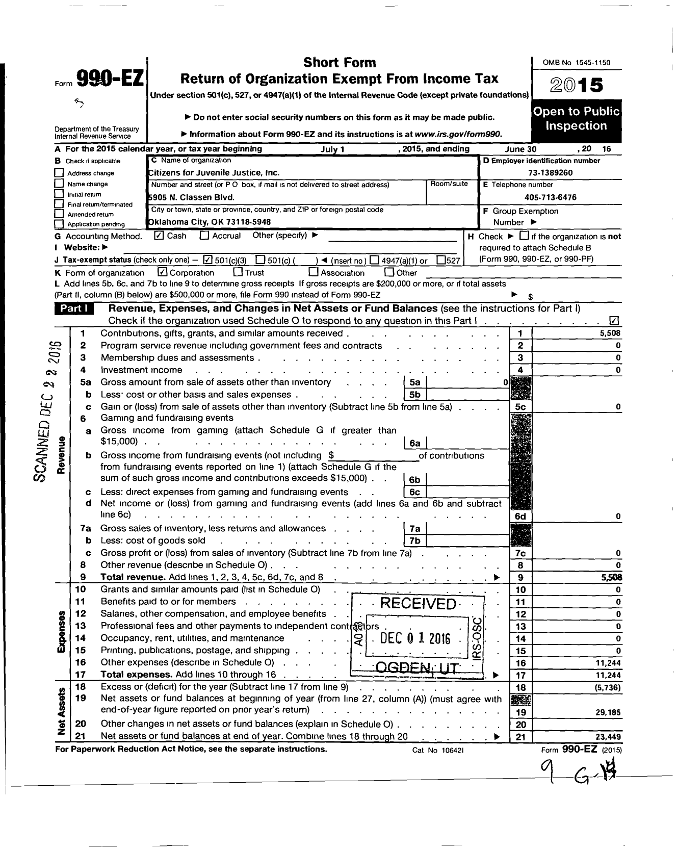 Image of first page of 2015 Form 990EZ for Citizens for Juvenile Justice