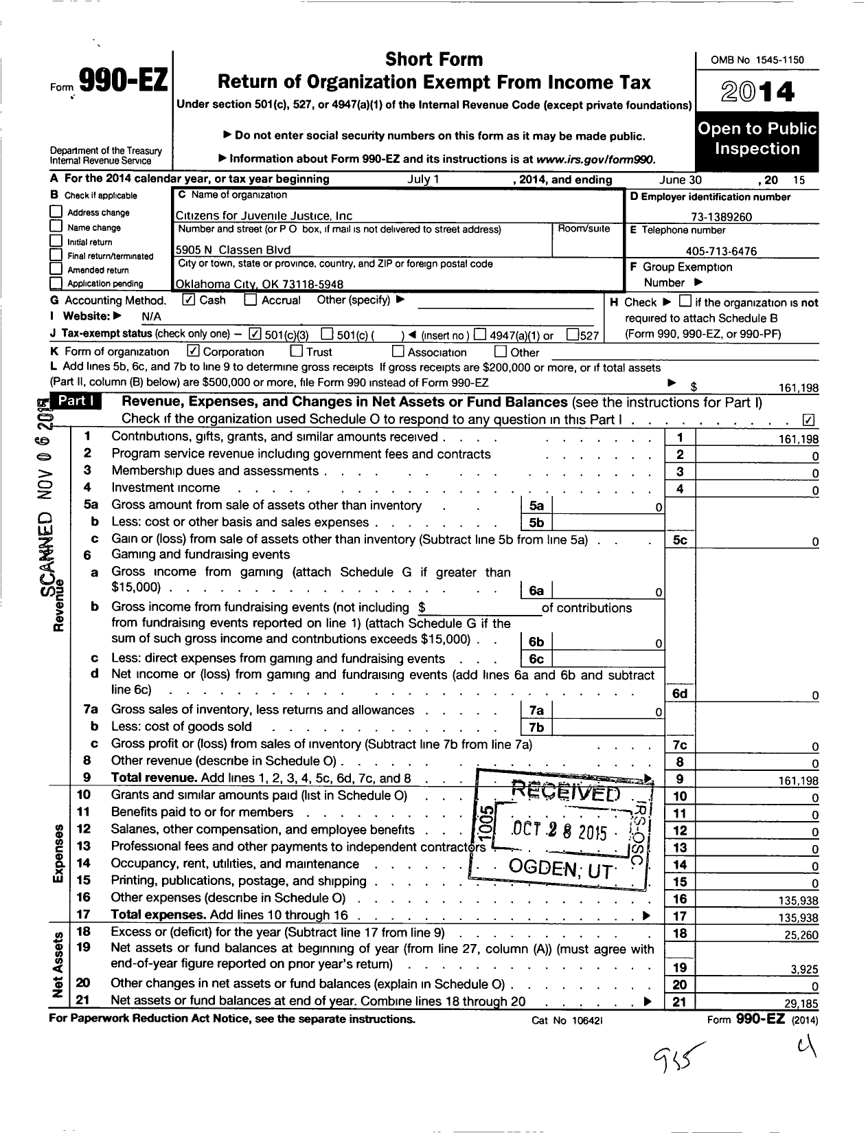 Image of first page of 2014 Form 990EZ for Citizens for Juvenile Justice