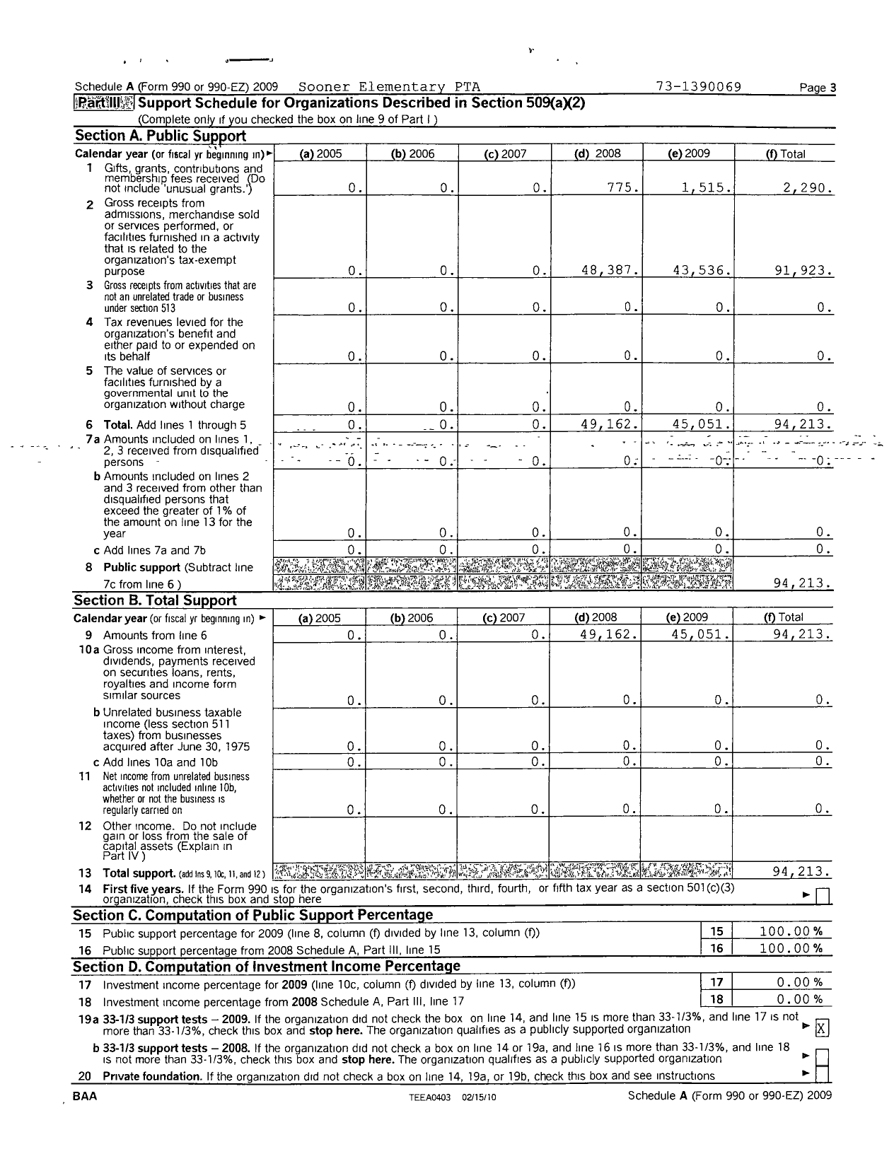 Image of first page of 2009 Form 990ER for PTA Oklahoma Congress / Sooner Elementary PTA