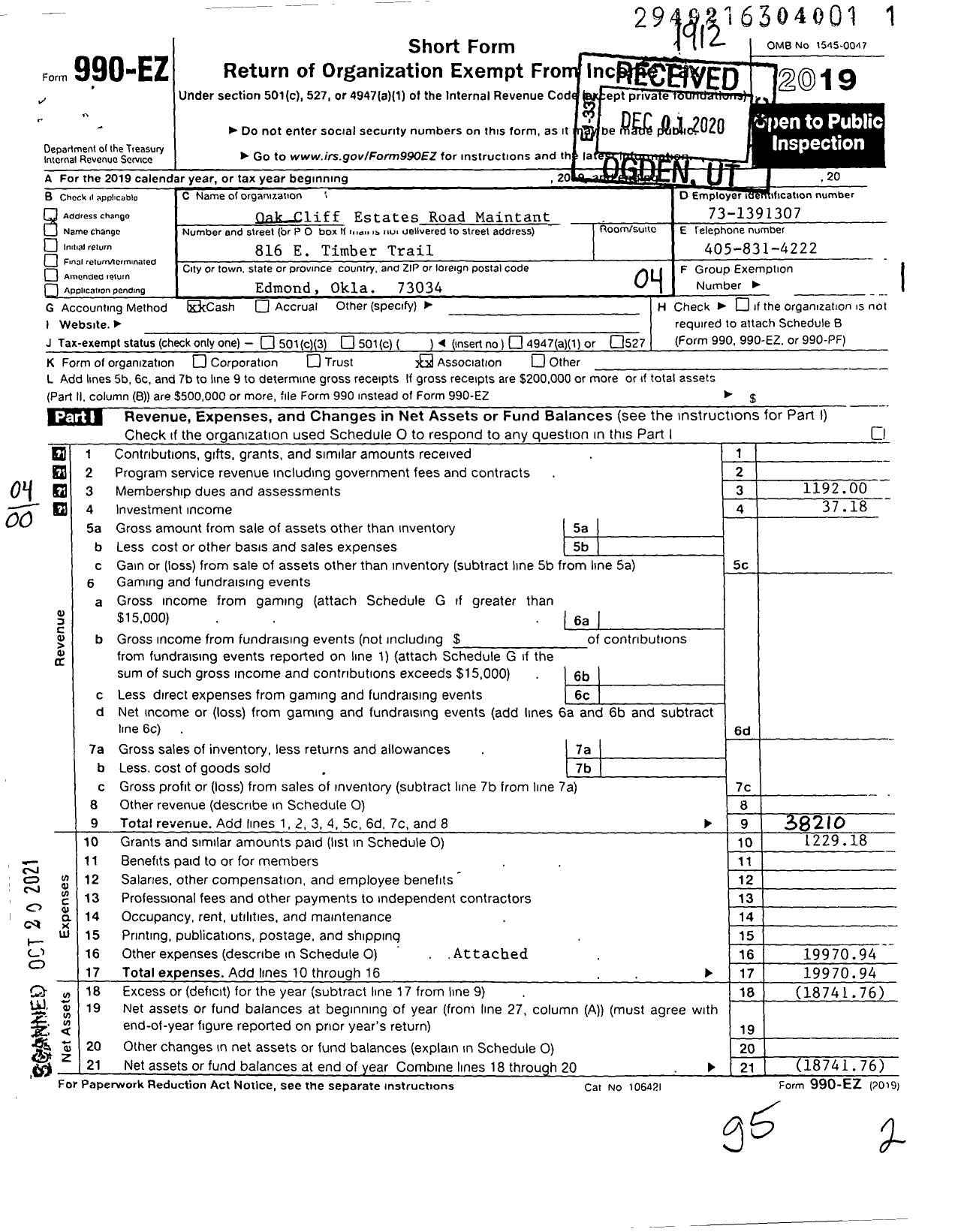 Image of first page of 2019 Form 990EO for OAK Cliff Estates Road Maintenance