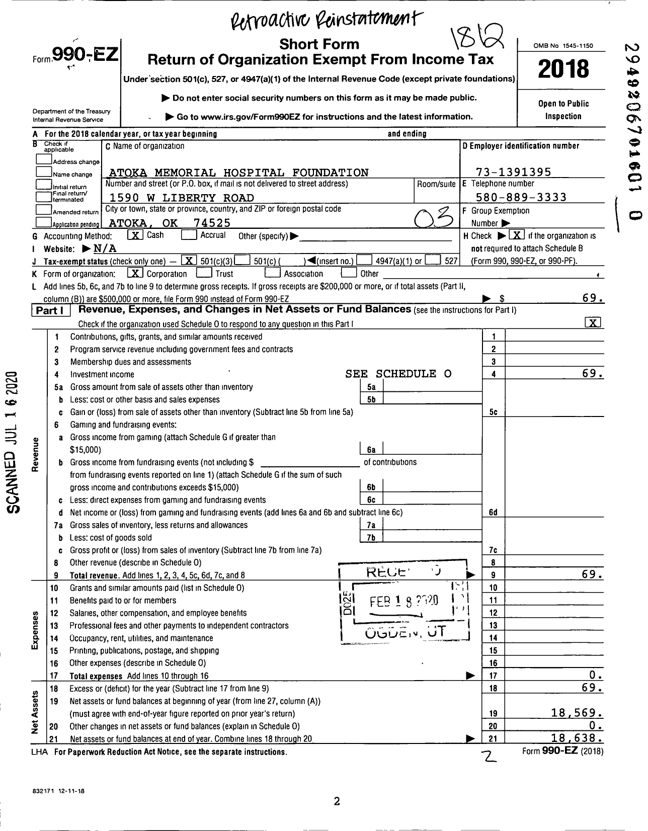 Image of first page of 2018 Form 990EZ for Atoka Memorial Hospital Foundation