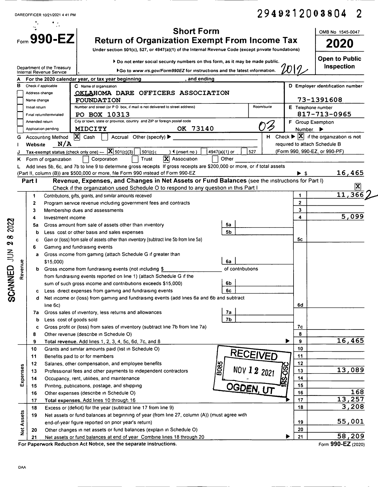 Image of first page of 2020 Form 990EZ for Oklahoma Dare Officers Association