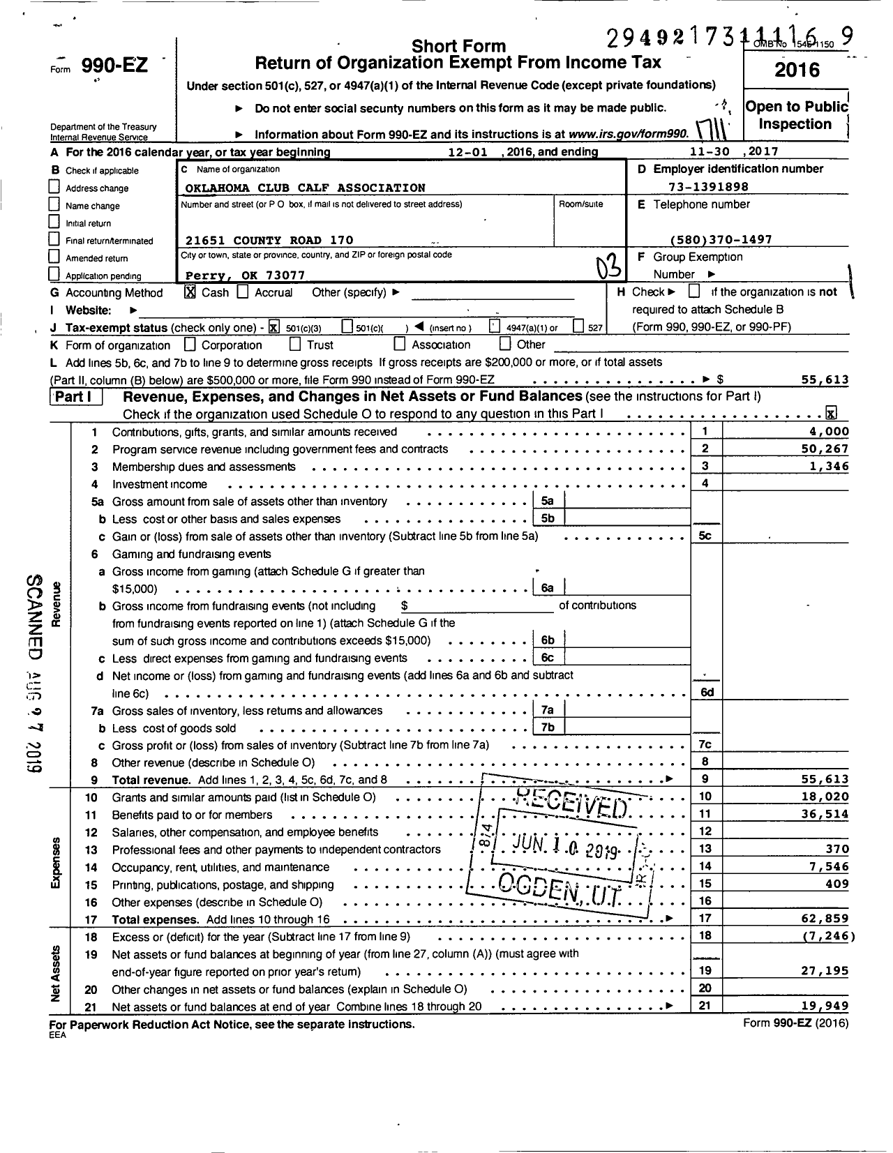 Image of first page of 2016 Form 990EZ for Oklahoma Club Calf Association (OCCA)