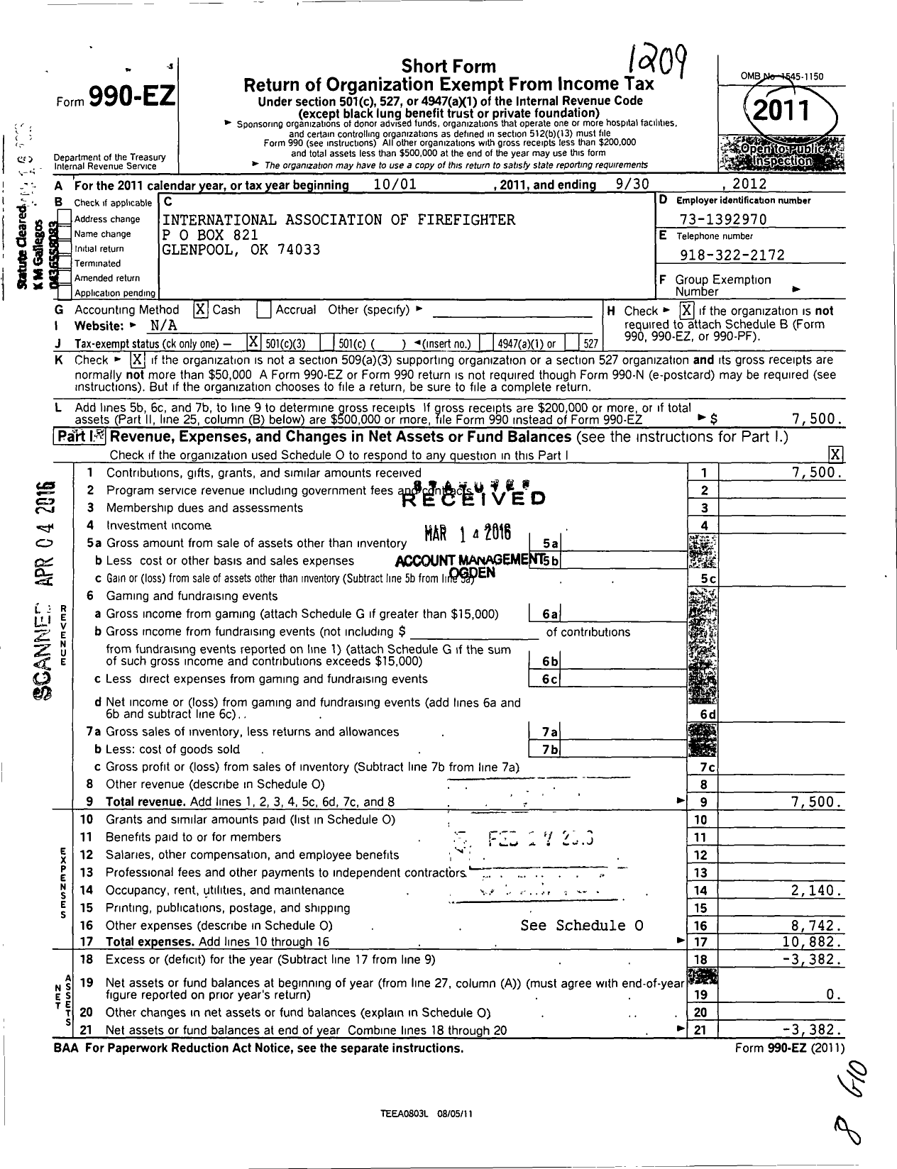 Image of first page of 2011 Form 990EZ for International Association of Fire Fighters - 2990L Glenpool