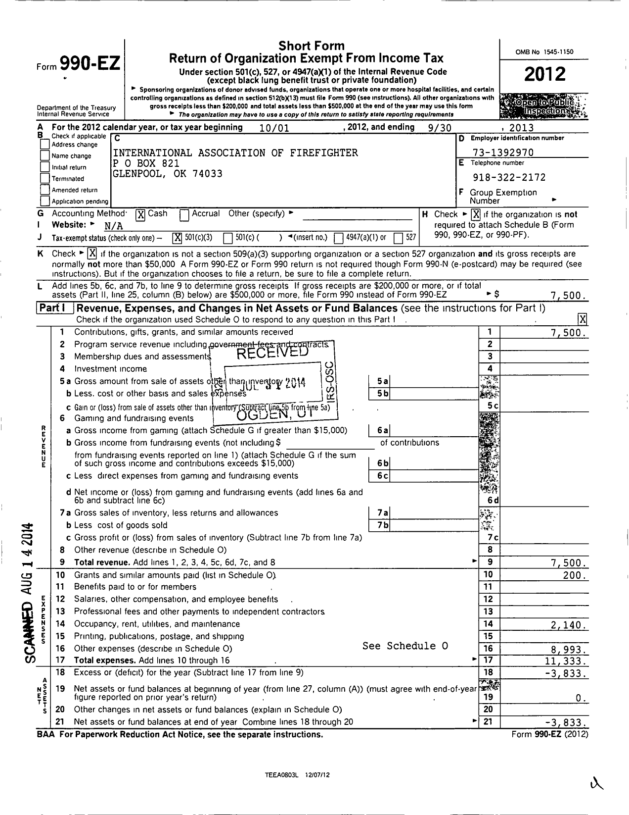 Image of first page of 2012 Form 990EZ for International Association of Fire Fighters - 2990L Glenpool