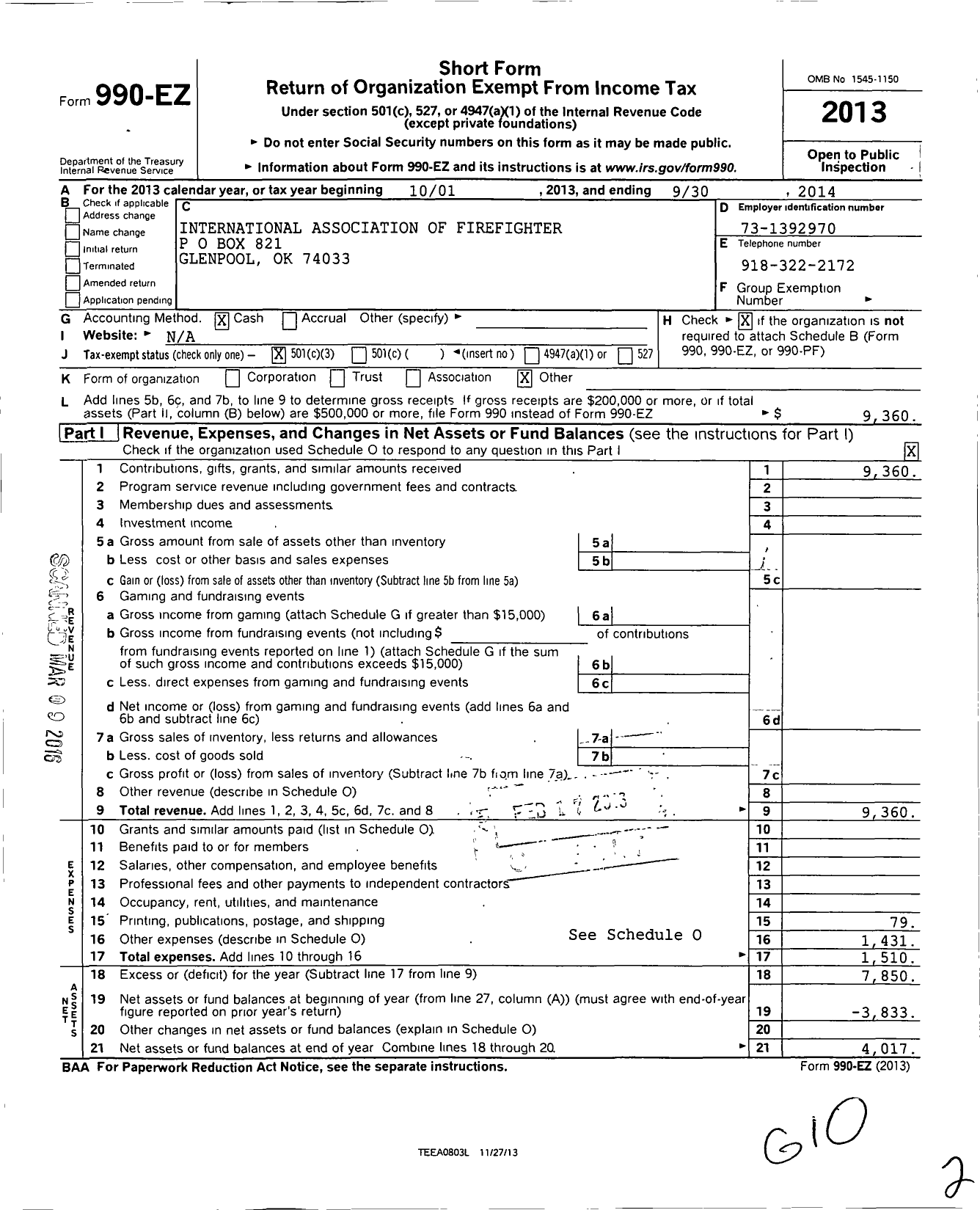 Image of first page of 2013 Form 990EZ for International Association of Fire Fighters - 2990L Glenpool