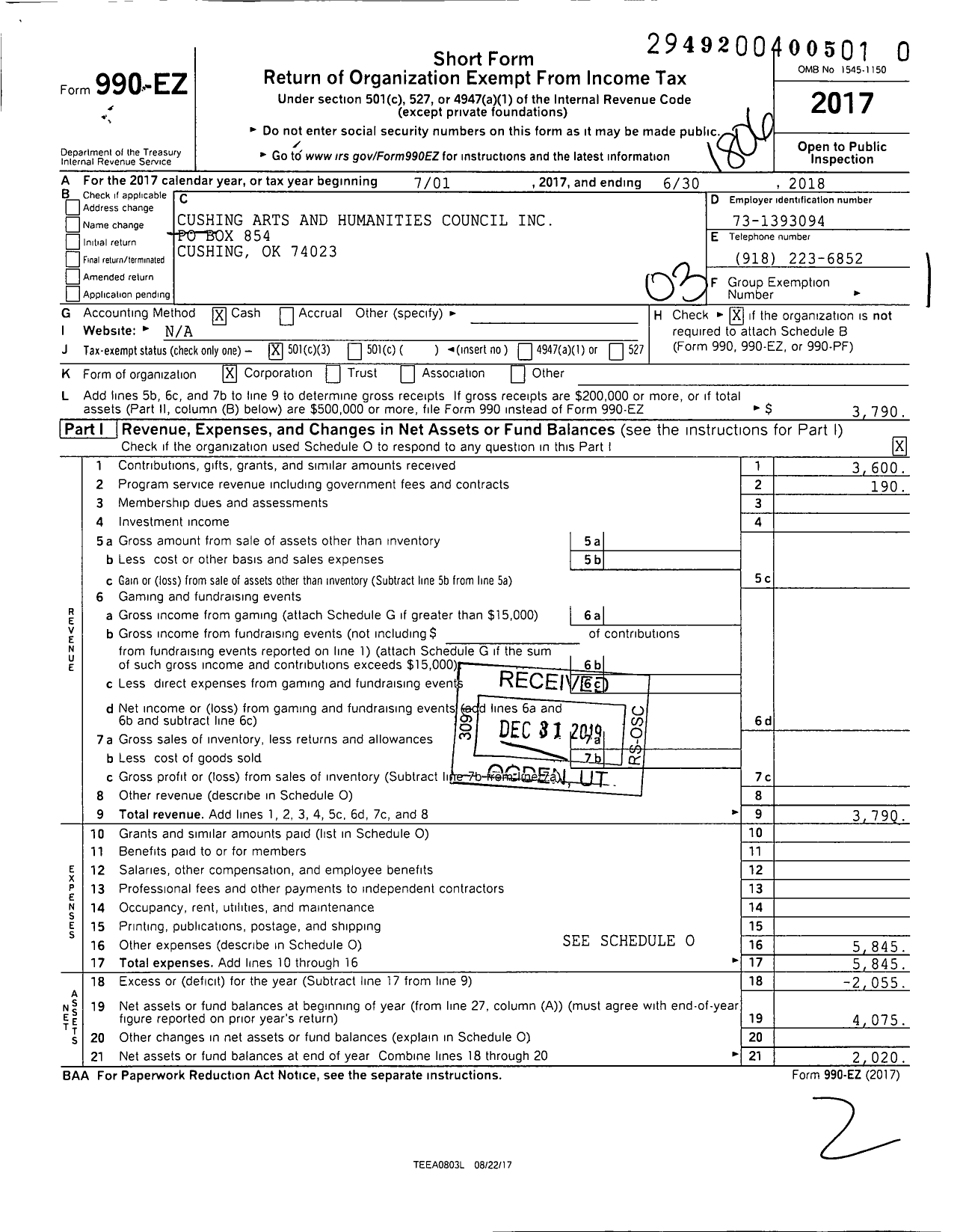 Image of first page of 2017 Form 990EZ for Cushing Arts and Humanities Council