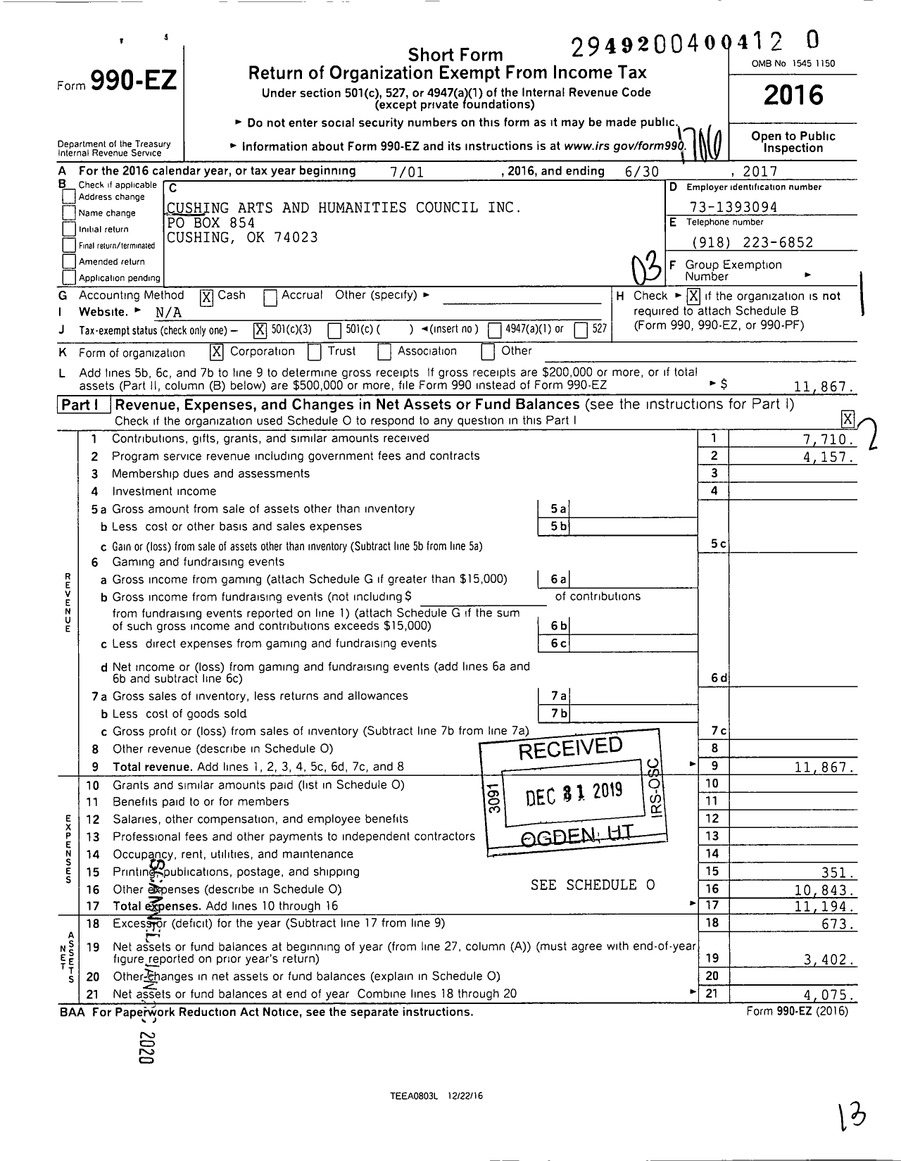 Image of first page of 2016 Form 990EZ for Cushing Arts and Humanities Council