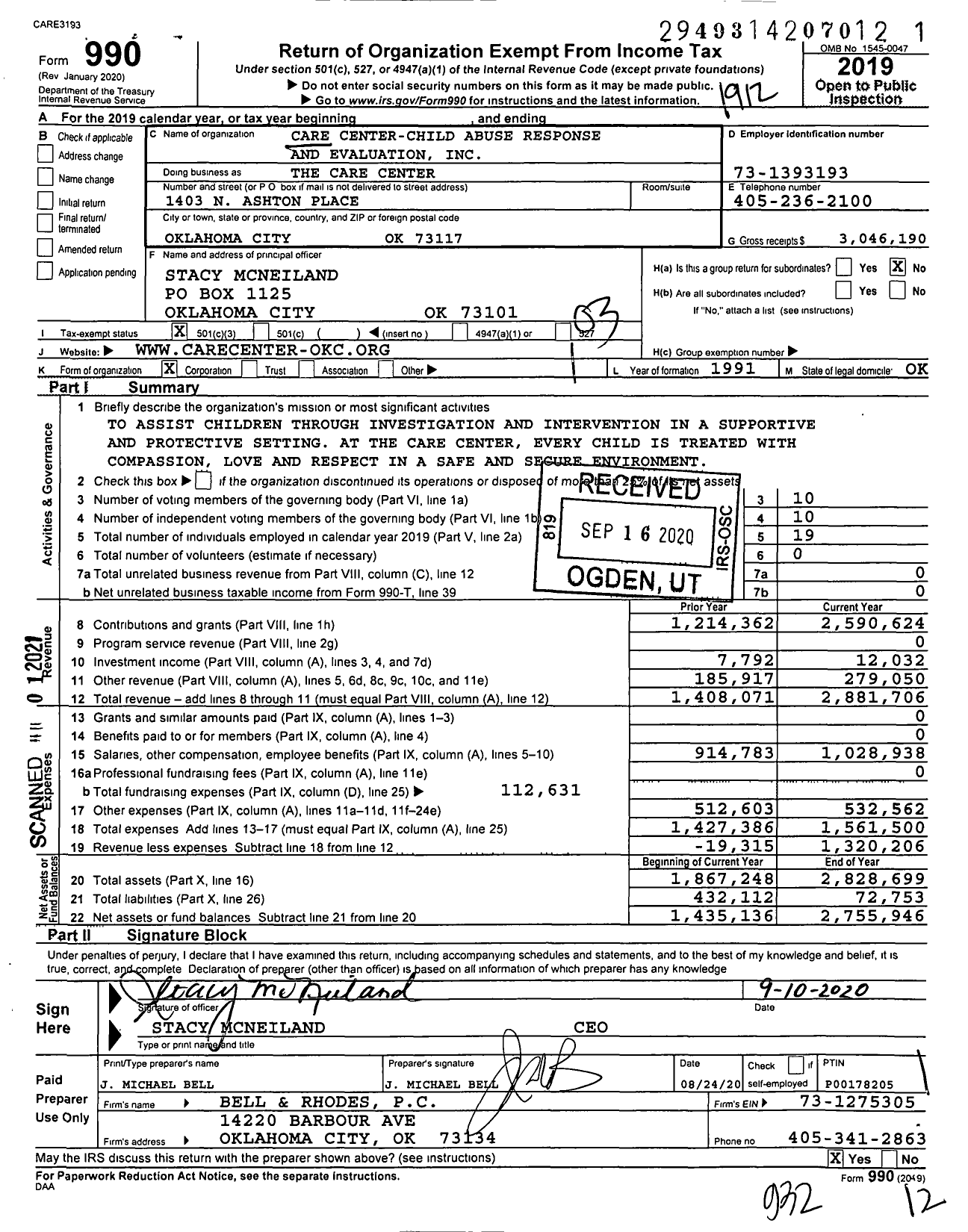 Image of first page of 2019 Form 990 for The Care Center / Care Center-Child Abuse Response and Evaluation Inc