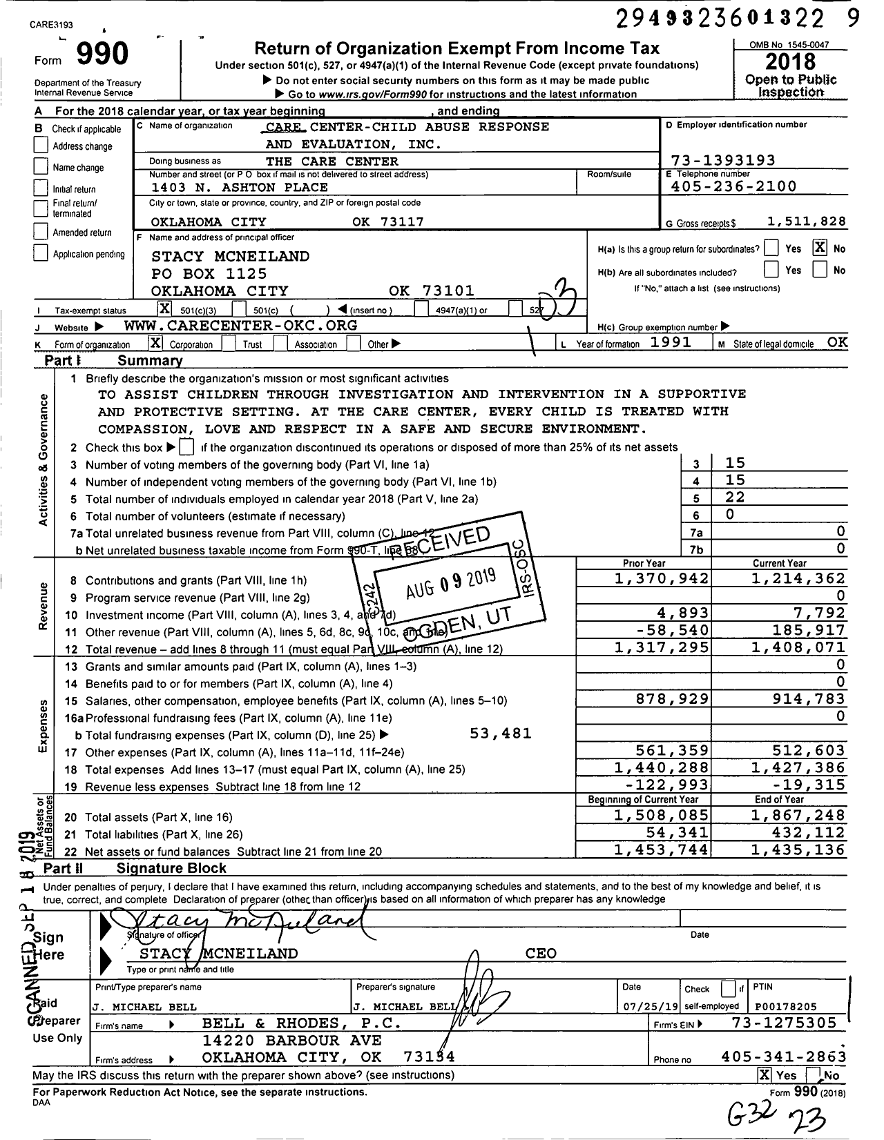 Image of first page of 2018 Form 990 for The Care Center / Care Center-Child Abuse Response and Evaluation Inc