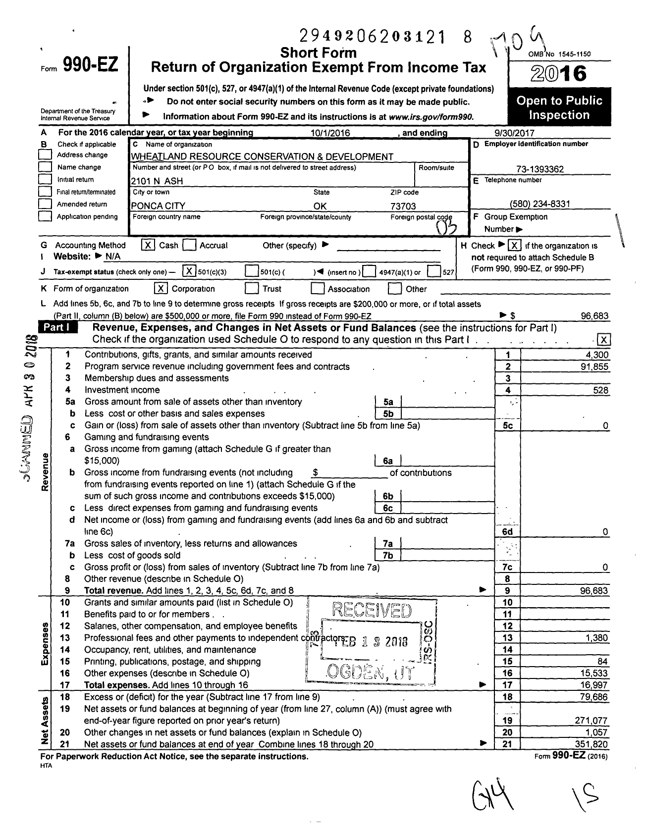 Image of first page of 2016 Form 990EZ for Wheatland Resource Conservation and Development