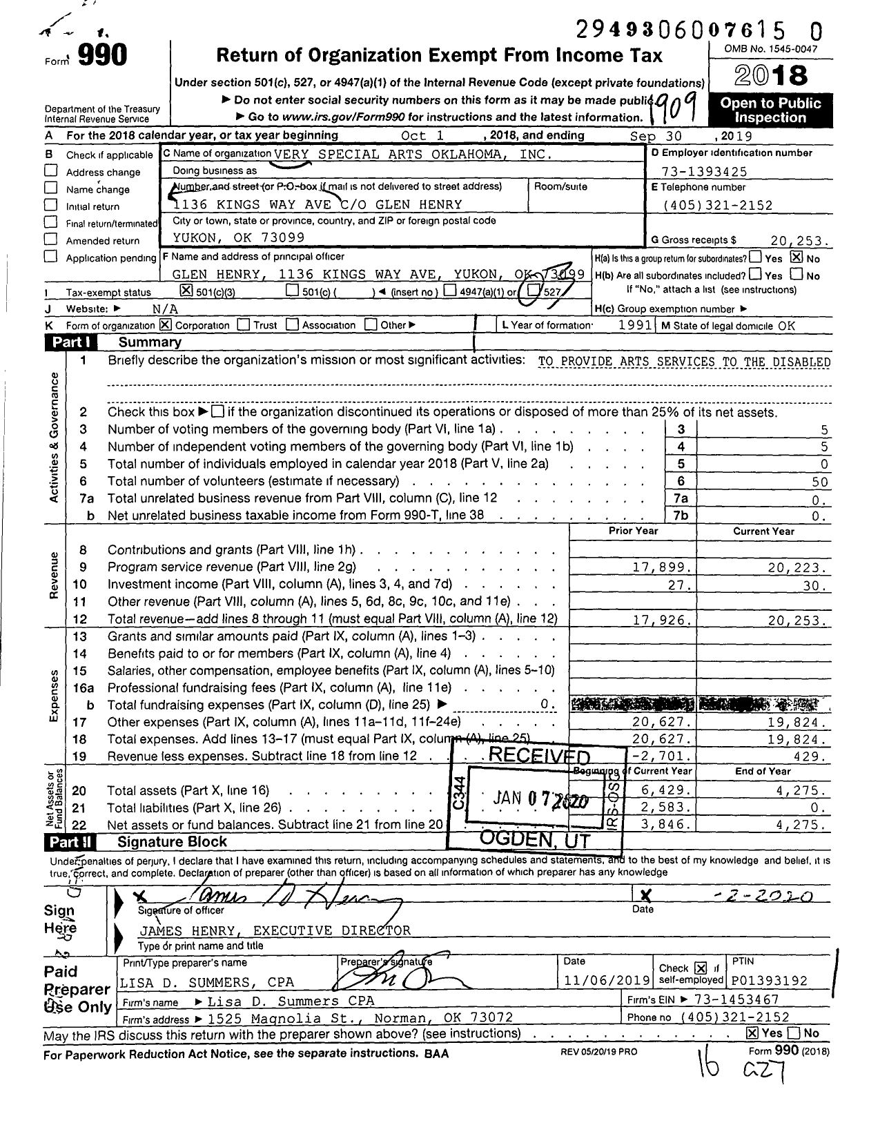 Image of first page of 2018 Form 990 for Very Special Arts Oklahoma