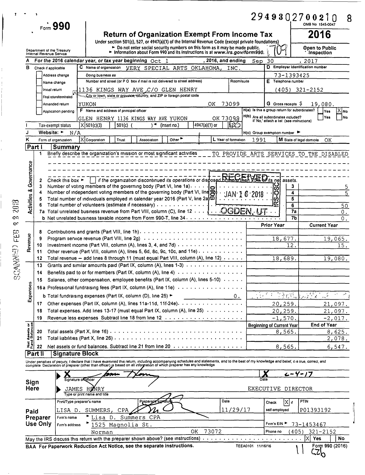 Image of first page of 2016 Form 990 for Very Special Arts Oklahoma