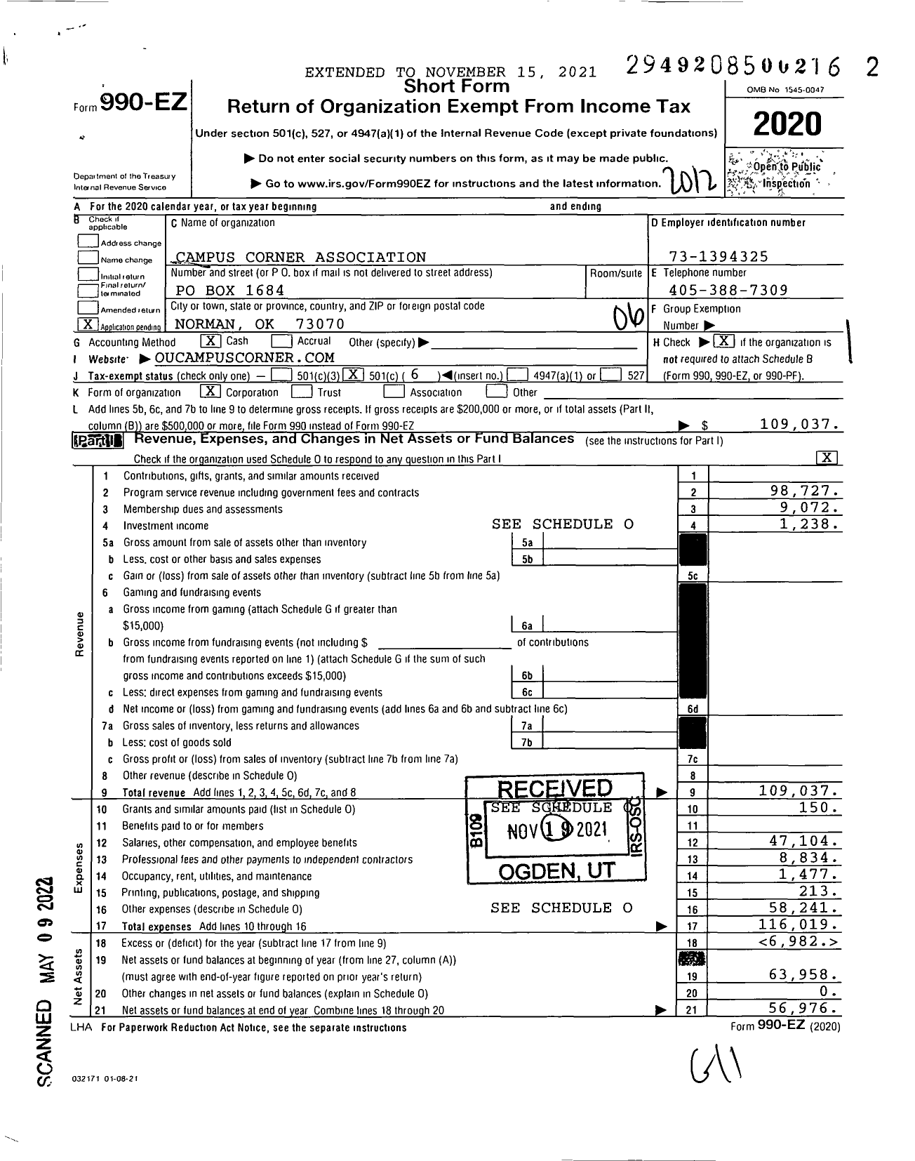 Image of first page of 2020 Form 990EO for Campus Corner Association