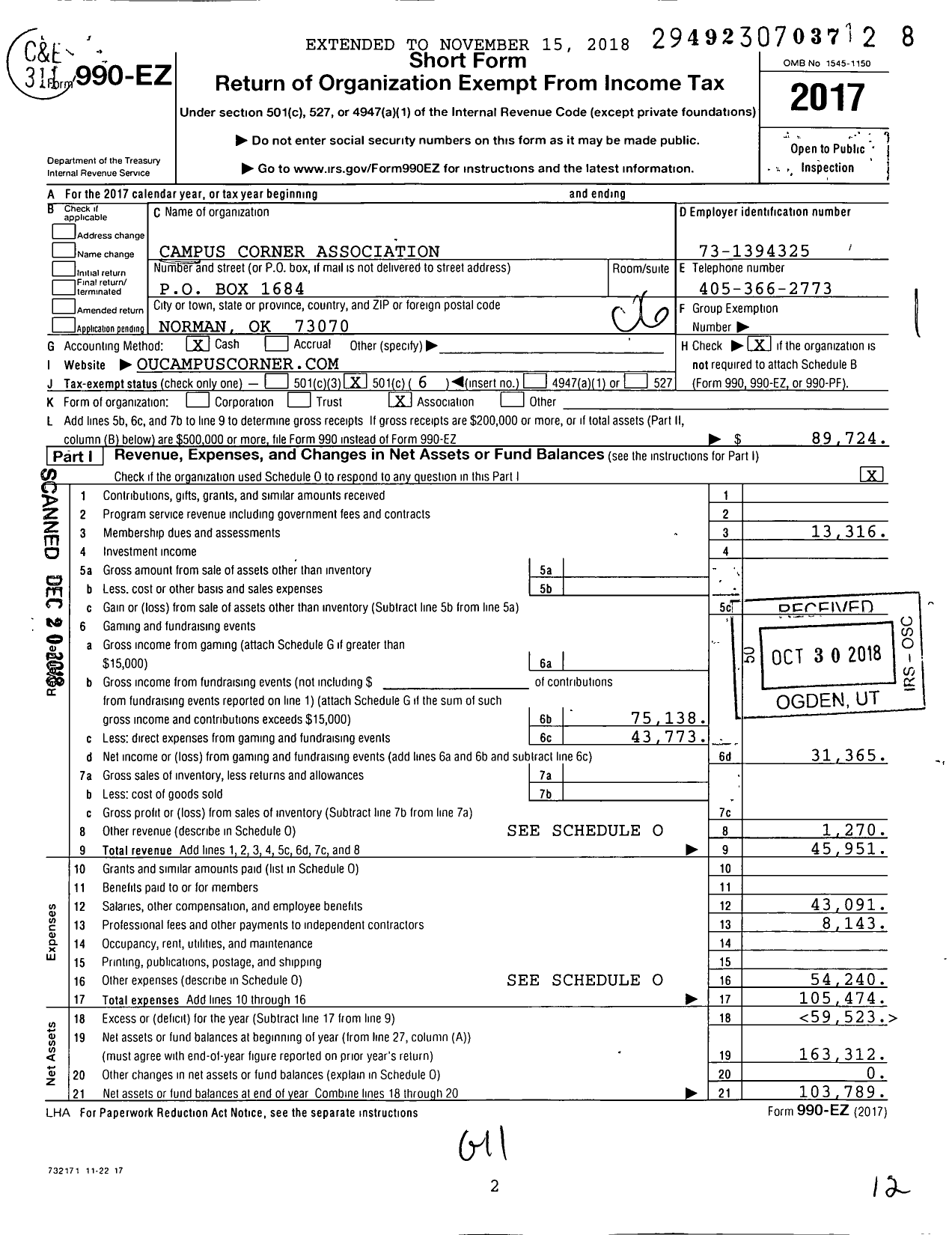 Image of first page of 2017 Form 990EO for Campus Corner Association