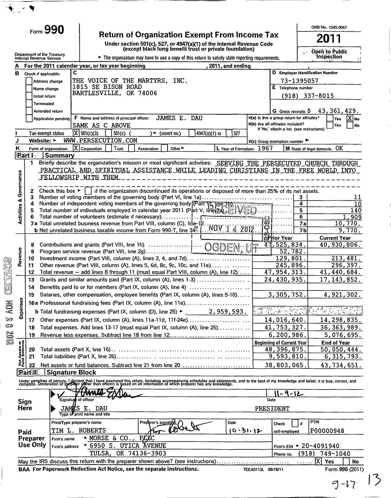 Image of first page of 2011 Form 990 for The Voice of the Martyrs