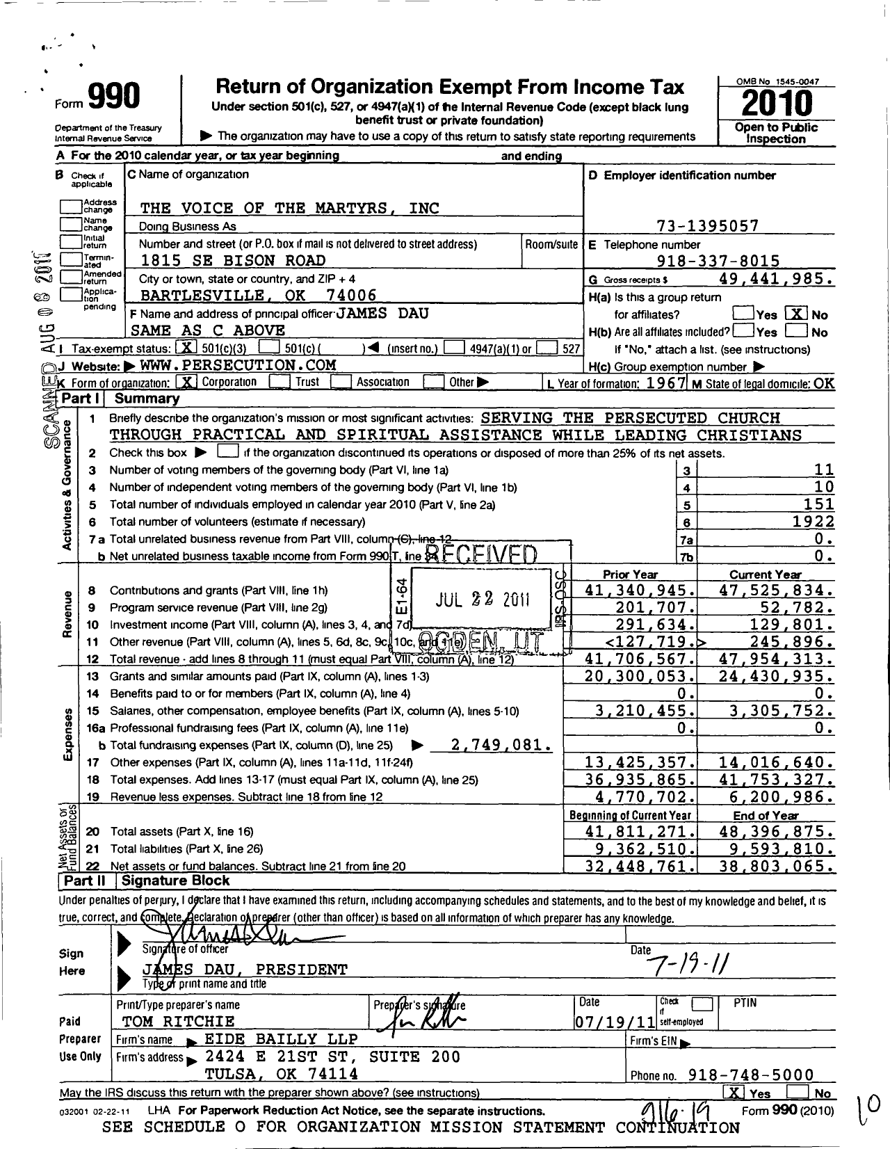 Image of first page of 2010 Form 990 for The Voice of the Martyrs