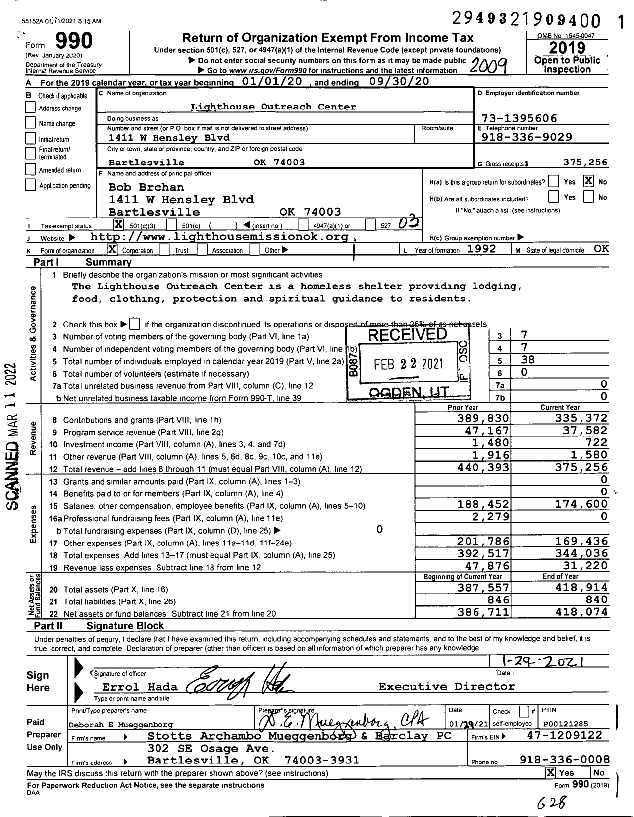 Image of first page of 2019 Form 990 for Lighthouse Outreach Center of Bartlesville