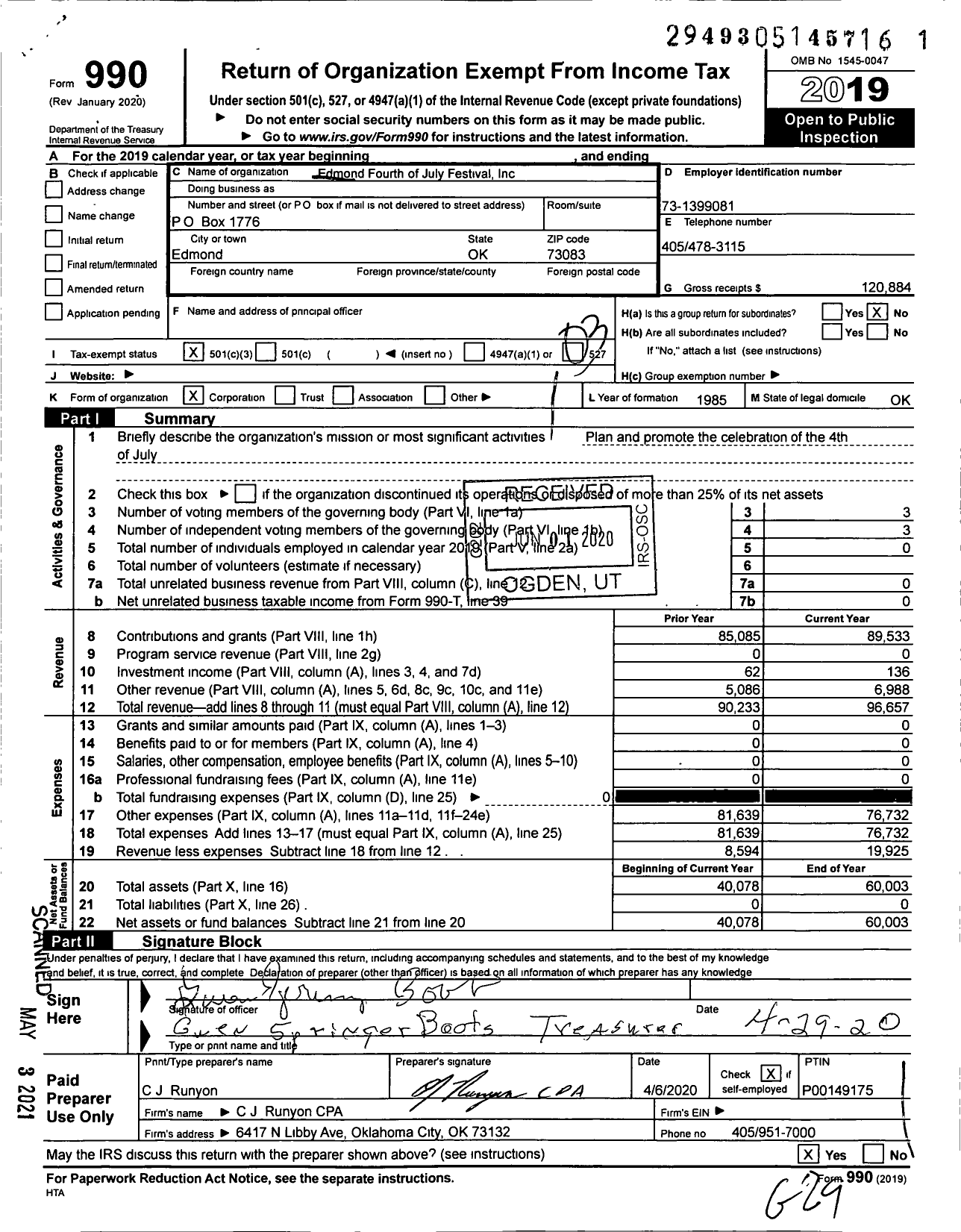 Image of first page of 2019 Form 990 for Liberty Fest