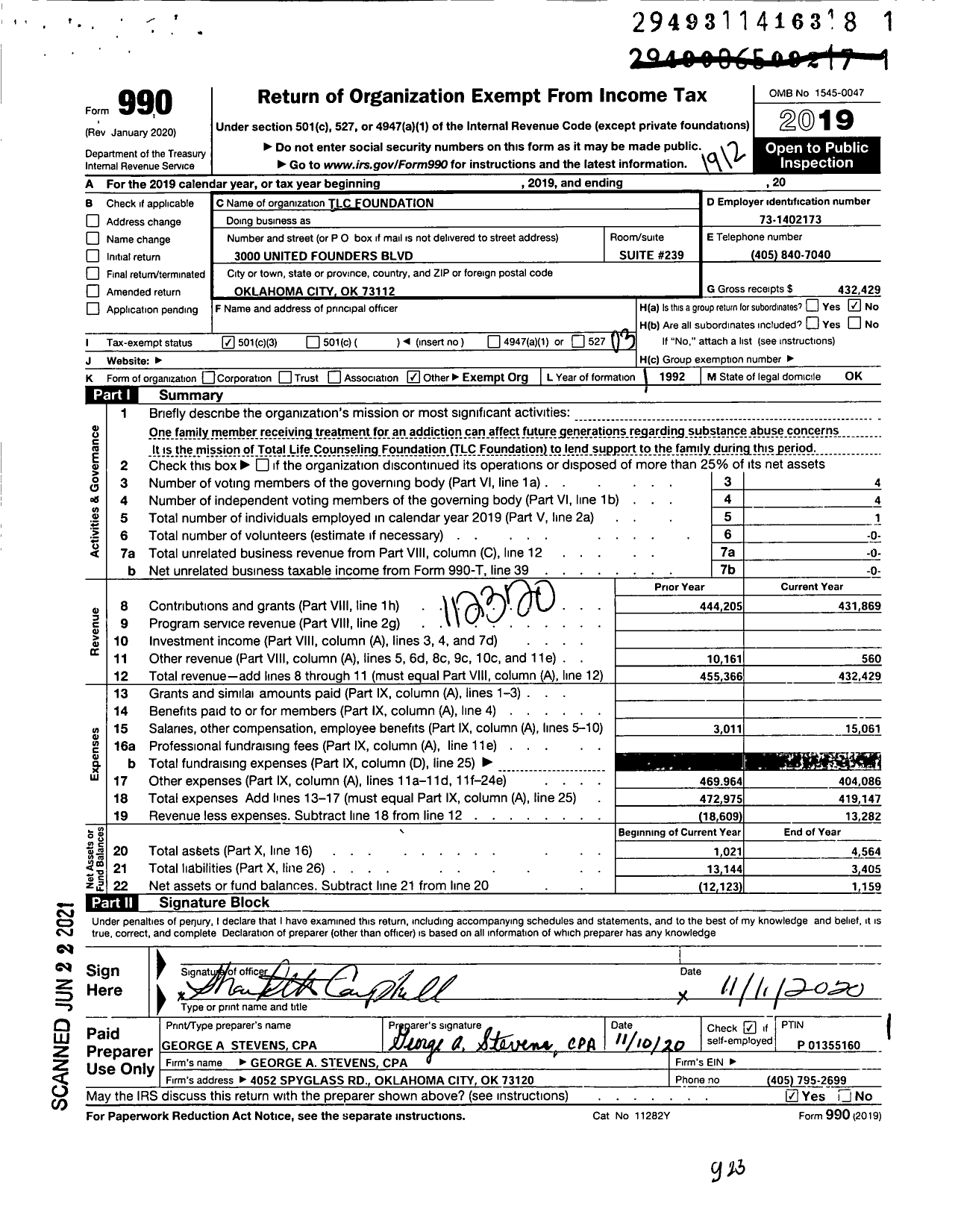 Image of first page of 2019 Form 990 for TLC Foundation Sharlotte Campbell