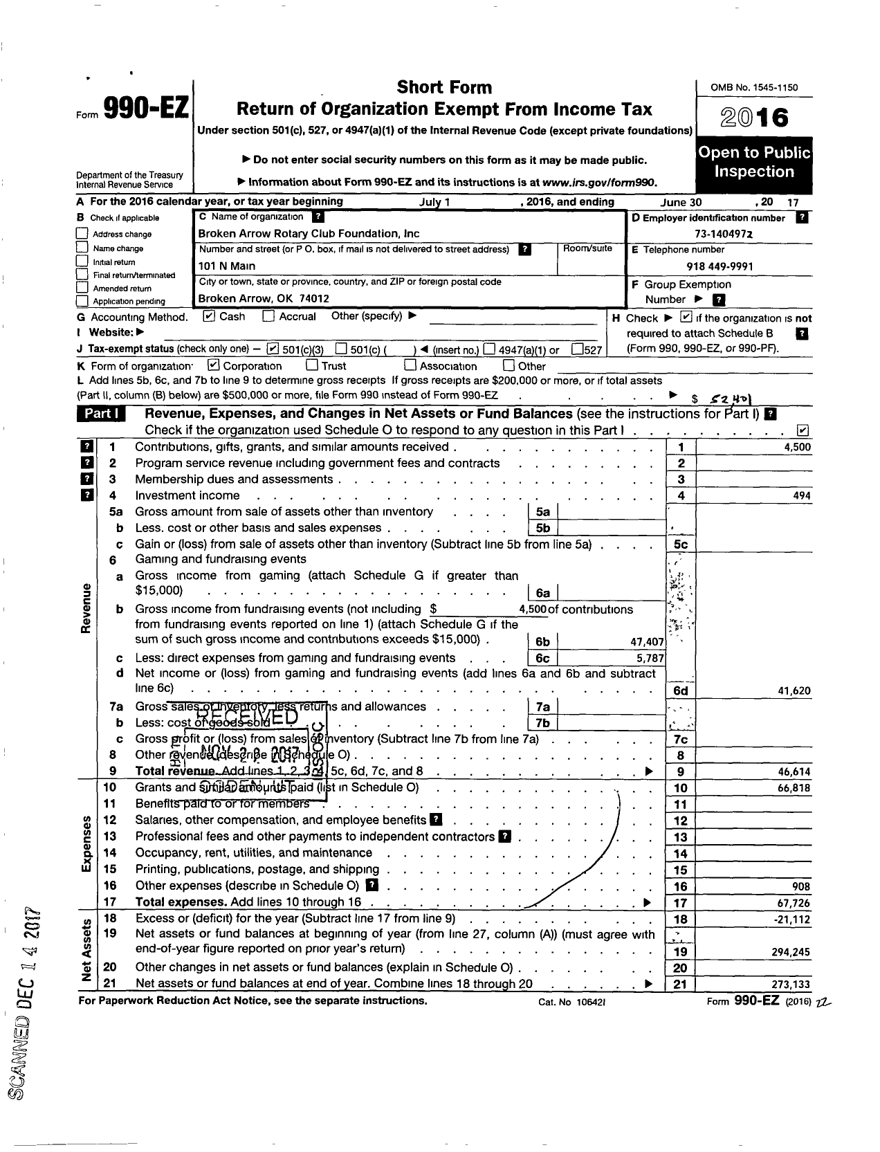 Image of first page of 2016 Form 990EZ for Broken Arrow Rotary Club Foundation