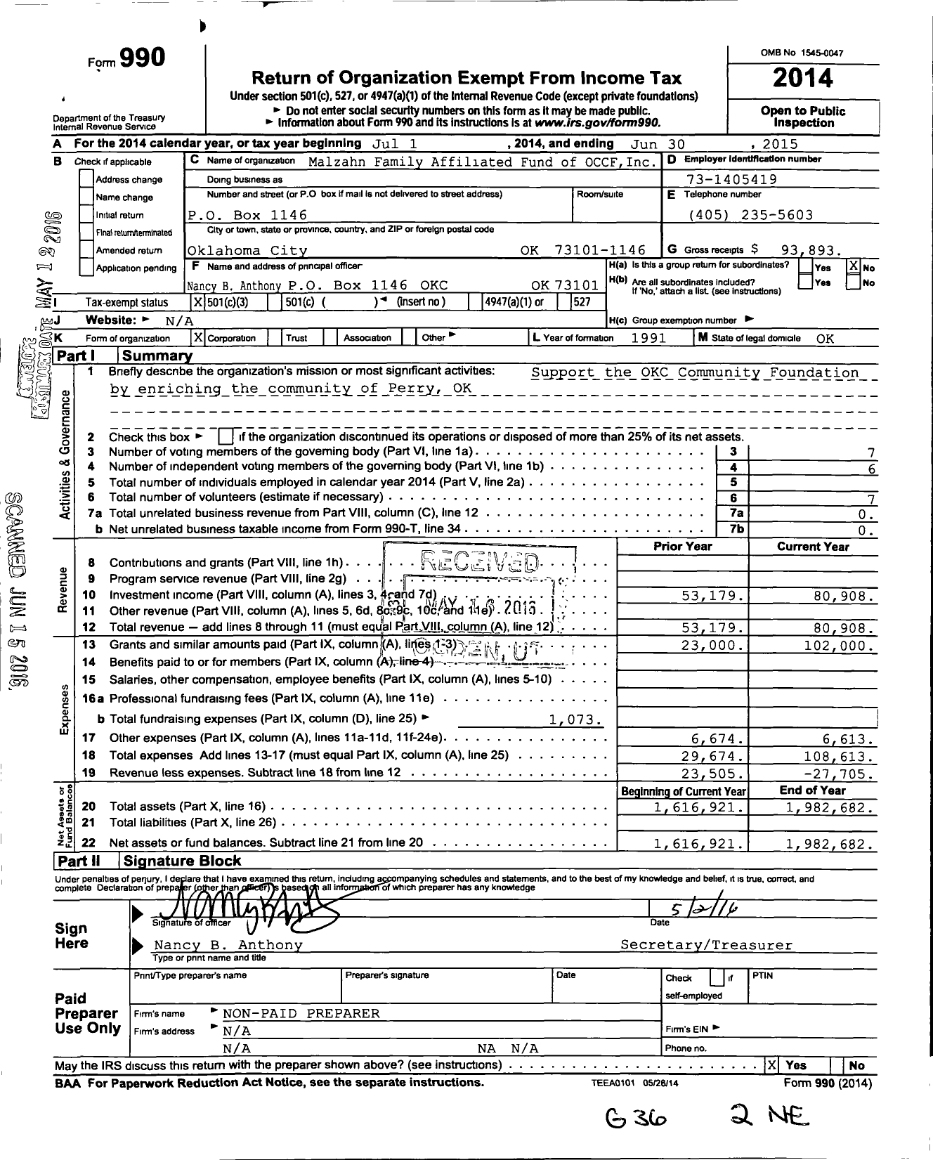 Image of first page of 2014 Form 990 for Malzahn Family Affiliated Fund of OCCF