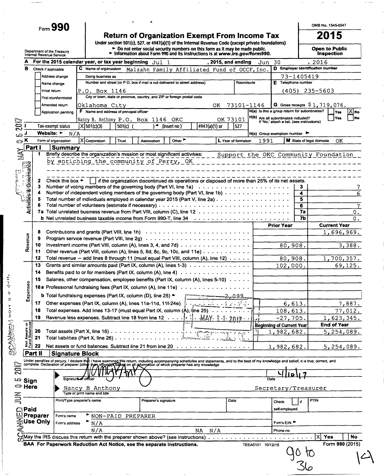 Image of first page of 2015 Form 990 for Malzahn Family Affiliated Fund of OCCF