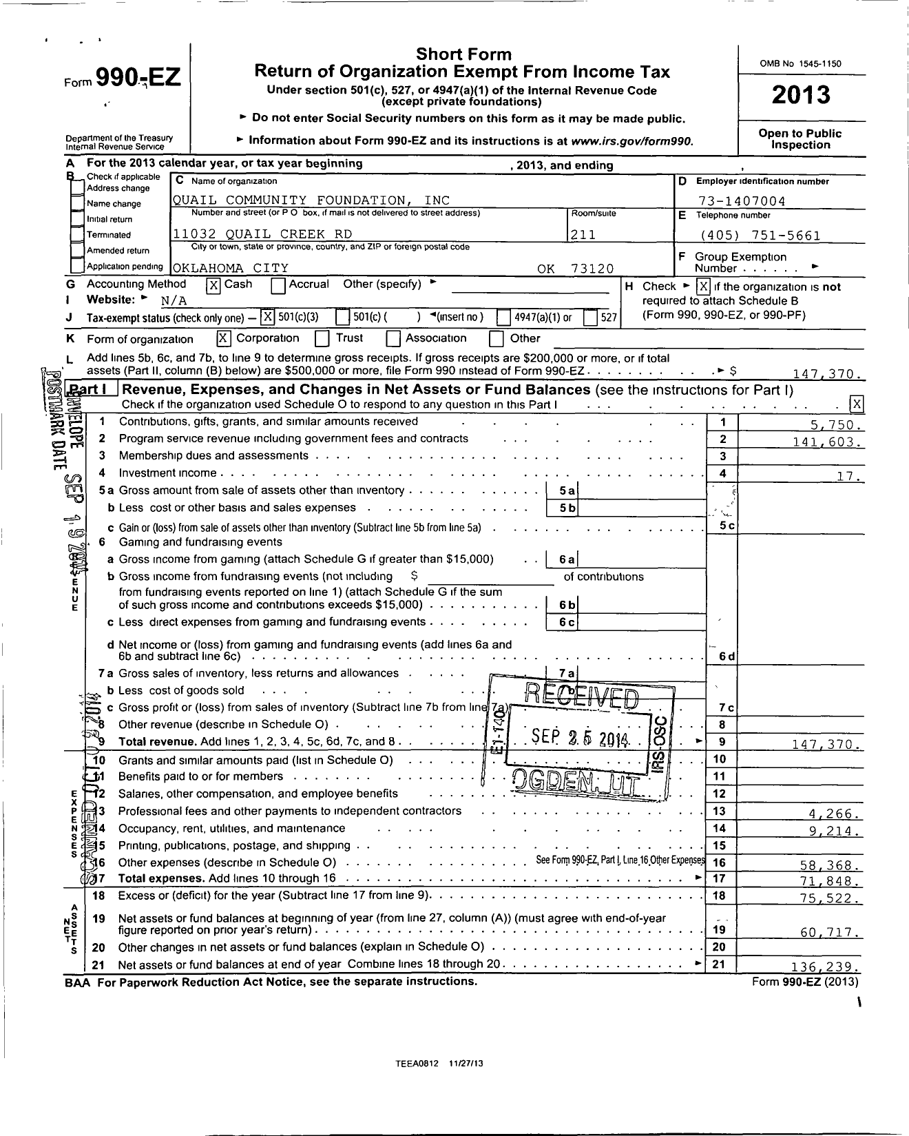 Image of first page of 2013 Form 990EZ for Quail Community Foundation