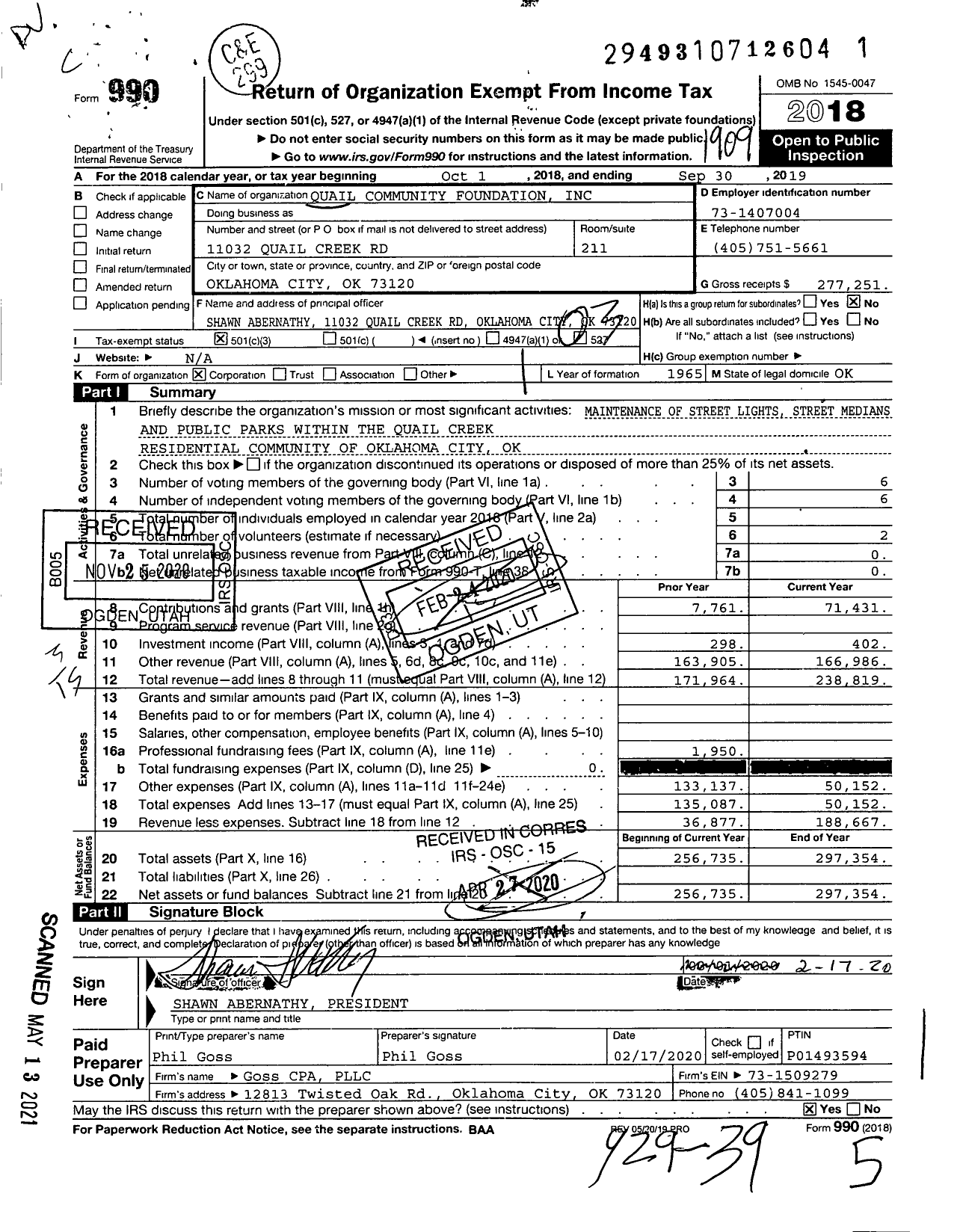 Image of first page of 2018 Form 990 for Quail Community Foundation