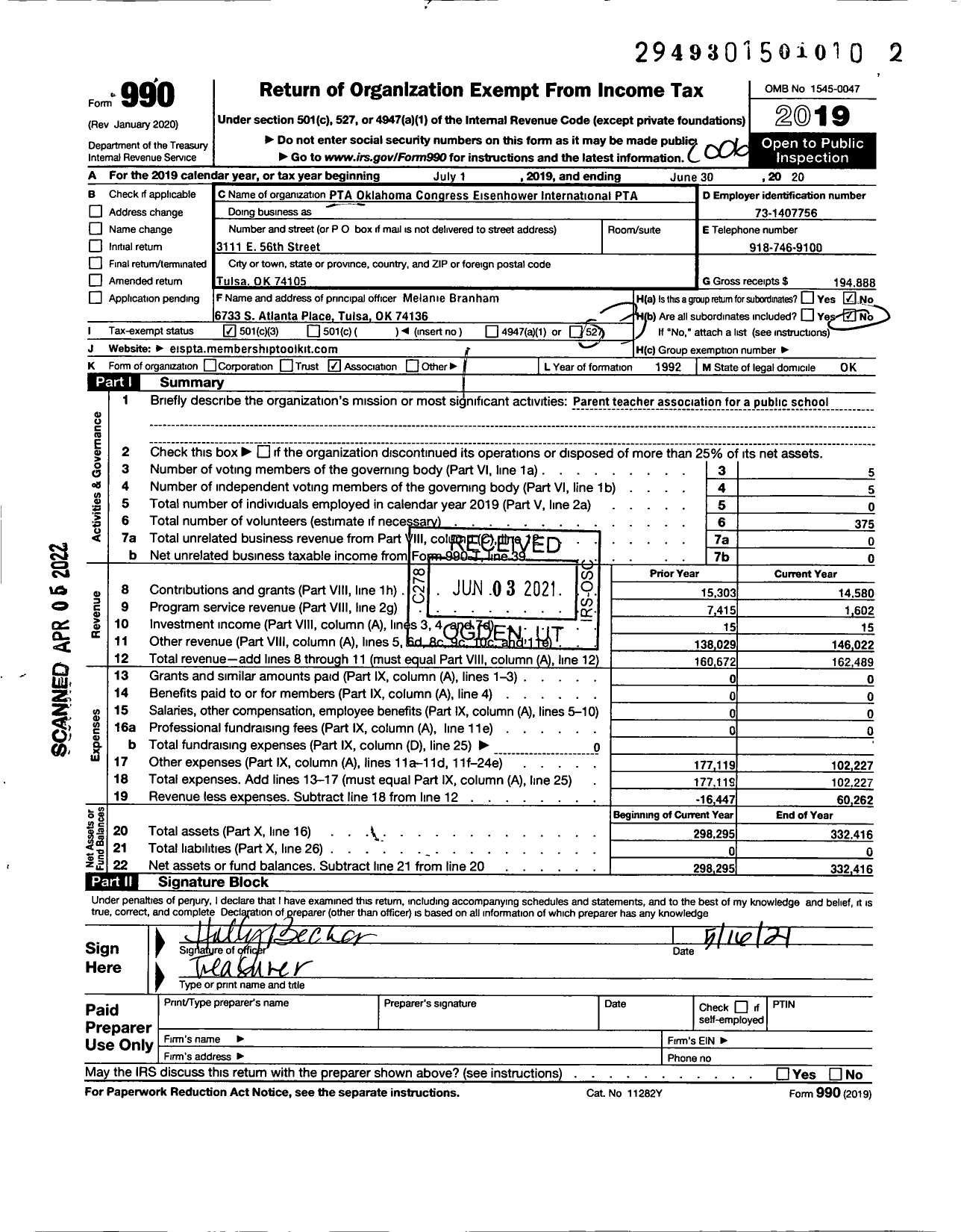 Image of first page of 2019 Form 990 for PTA Oklahoma Congress / Eisenhower International PTA