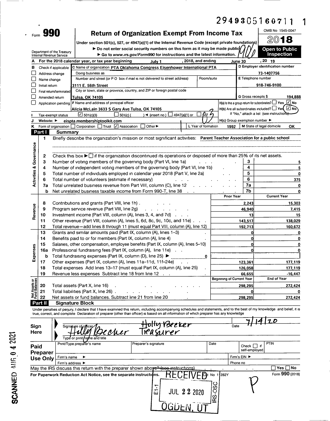 Image of first page of 2018 Form 990 for PTA Oklahoma Congress / Eisenhower International PTA