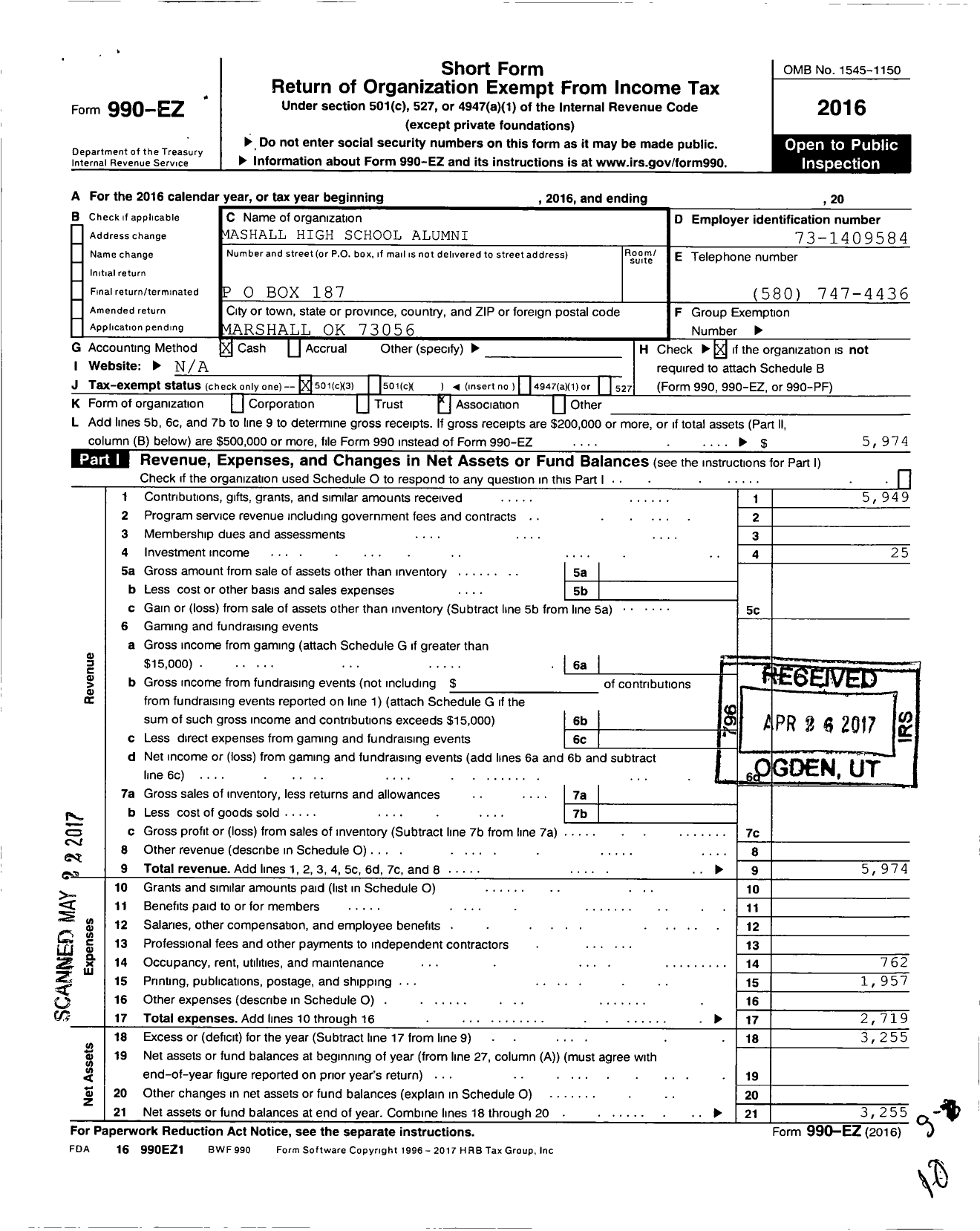 Image of first page of 2016 Form 990EZ for Marshall High School Alumni Association