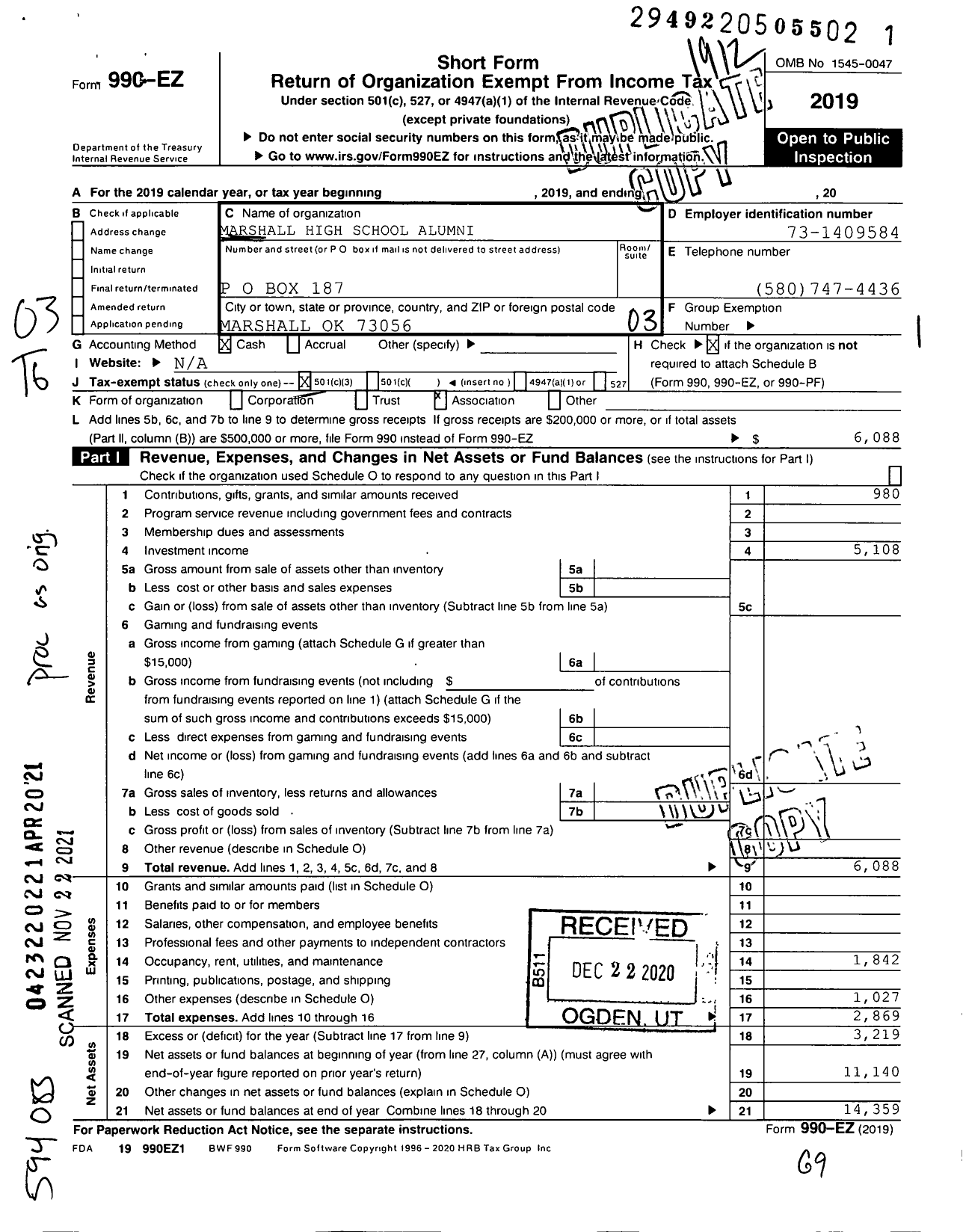 Image of first page of 2019 Form 990EZ for Marshall High School Alumni Association