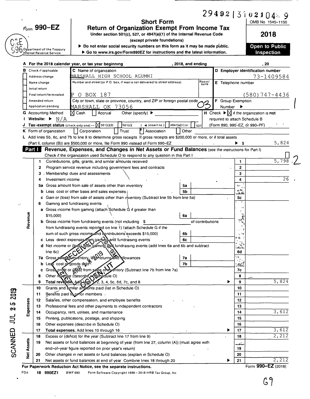 Image of first page of 2018 Form 990EZ for Marshall High School Alumni Association